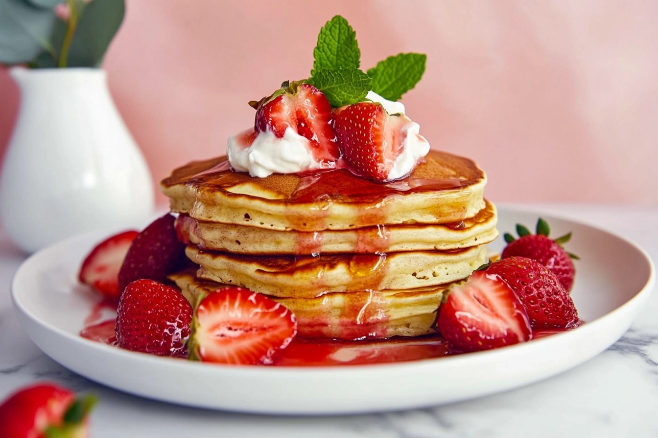 Thick & Fluffy Strawberry Banana Pancakes with Homemade Strawberry Syrup Recipe