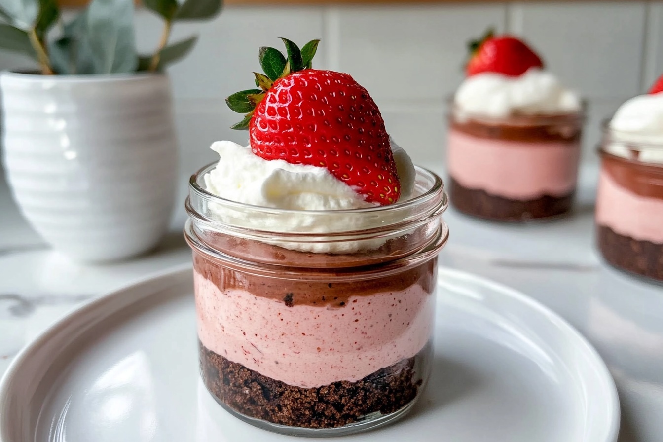 A large white serving tray displaying multiple glass jars filled with creamy strawberry mousse layered over a crumbly chocolate base, each jar topped with a smooth, glossy chocolate layer, a dollop of whipped cream, and a fresh, vibrant red strawberry with green leaves, the jars arranged neatly together on a wooden cutting board with additional fresh strawberries beside them, photographed from a 3/4 angle on a white marble countertop with natural soft directional daylight streaming through nearby windows, styled to highlight the luscious textures and vibrant colors of the dessert. REALISTIC STYLE IMAGE| TAGS: High-end food photography, clean composition, dramatic lighting, luxurious, elegant, mouth-watering, indulgent, gourmet | CAMERA: Nikon Z7 | FOCAL LENGTH: 50mm | SHOT TYPE: Close-up | COMPOSITION: 3/4 angle | LIGHTING: Soft directional light | PRODUCTION: Food Stylist | TIME: Daytime I LOCATION TYPE: Kitchen near windows --stylize 150 --ar 3:2