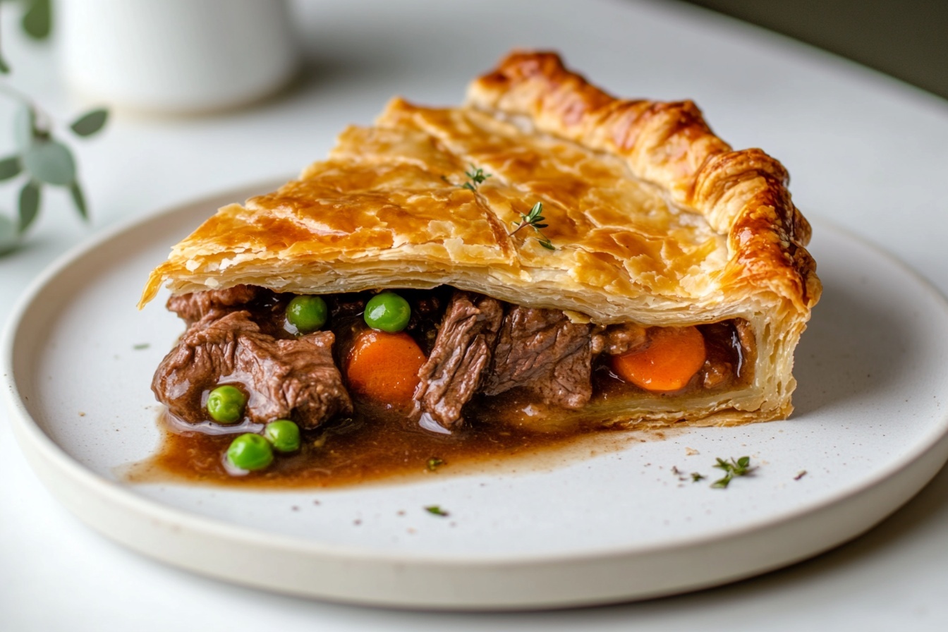 A full white ceramic baking dish filled with a rich, hearty beef pot pie topped with a perfectly golden, flaky puff pastry crust that extends slightly over the edges, slightly bubbling with savory gravy, visible tender chunks of slow-cooked beef and vibrant green peas nestled atop, garnished with fresh herbs, photographed from a 3/4 angle showing the entire dish on a white marble countertop with soft natural daylight, styled to highlight the glossy texture of the crust and the rustic, comforting appeal of the filling. REALISTIC STYLE IMAGE| TAGS: High-end food photography, clean composition, dramatic lighting, luxurious, elegant, mouth-watering, indulgent, gourmet | CAMERA: Nikon Z7 | FOCAL LENGTH: 50mm | SHOT TYPE: Close-up | COMPOSITION: 3/4 angle | LIGHTING: Soft directional light | PRODUCTION: Food Stylist | TIME: Daytime I LOCATION TYPE: Kitchen near windows --stylize 150 --ar 3:2