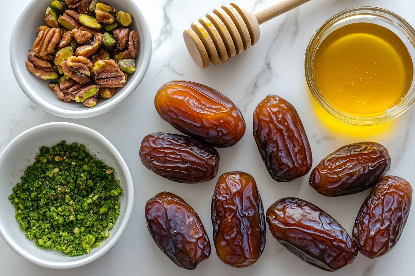 A pristine white rectangular platter filled with a full arrangement of whole pitted dates generously stuffed with a vibrant mixture of chopped pistachios and walnuts, drizzled with golden honey dripping over the sides, each date perfectly intact and bursting with texture, captured in a professional 3/4 angle shot, set against a white marble background with natural daylight enhancing the rich, glossy hues of the dates and the fresh nuts, styled elegantly to evoke a luxurious and indulgent gourmet appeal. REALISTIC STYLE IMAGE| TAGS: High-end food photography, clean composition, dramatic lighting, luxurious, elegant, mouth-watering, indulgent, gourmet | CAMERA: Nikon Z7 | FOCAL LENGTH: 50mm | SHOT TYPE: Close-up | COMPOSITION: 3/4 angle | LIGHTING: Soft directional light | PRODUCTION: Food Stylist | TIME: Daytime I LOCATION TYPE: Kitchen near windows --stylize 150 --ar 3:2