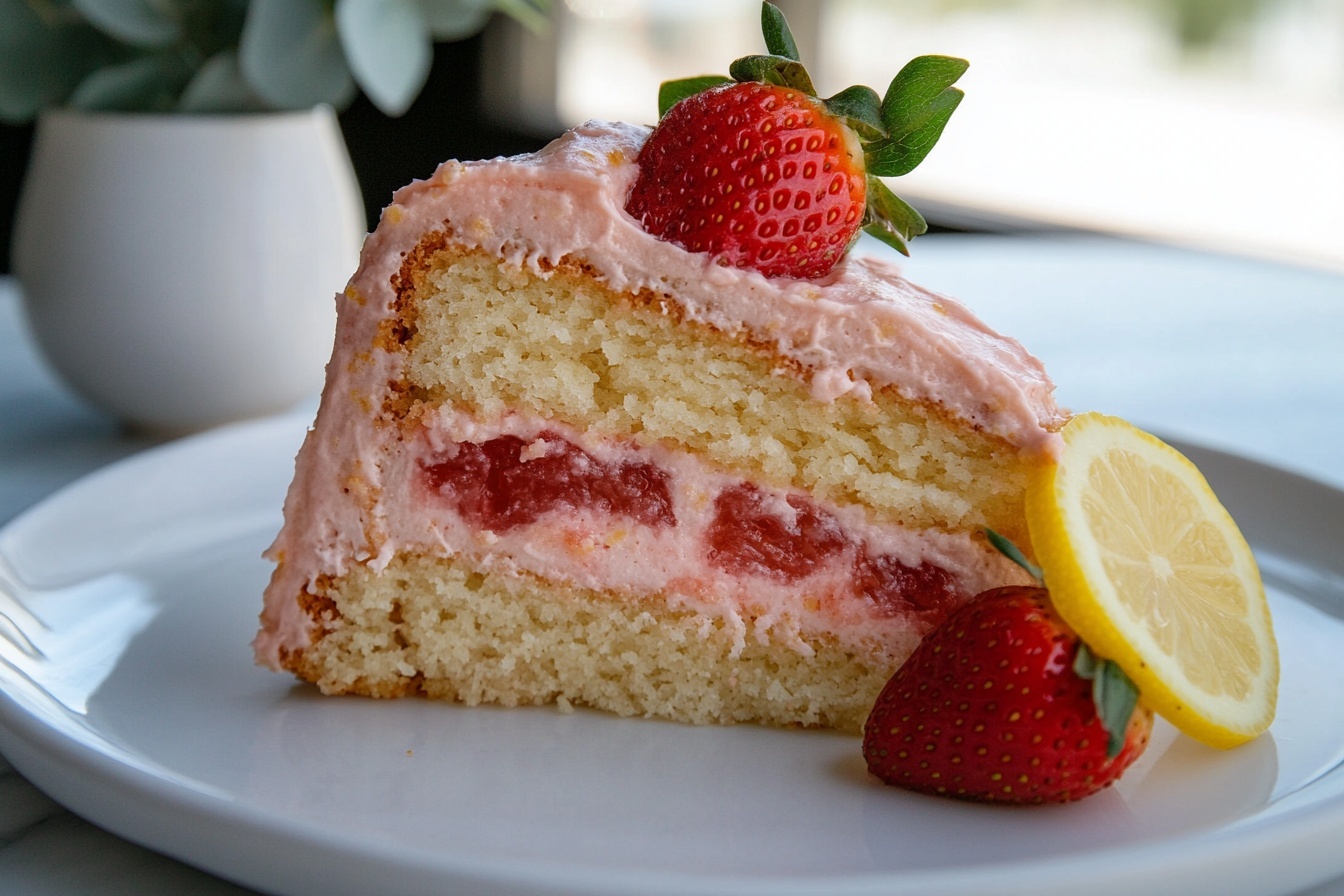 A whole round cake frosted smoothly with light pink strawberry cream, elegantly garnished on the top edge with alternating fresh strawberry halves and thin lemon slices, set on a white marble board. The cake is presented with gentle, textured swirls in the frosting enhancing its appealing look. Surrounding props include extra bright red strawberries and lemon slices scattered lightly in the background on white plates, enhancing the fresh and vibrant feel. The scene is captured from a 3/4 angle with natural soft directional daylight, highlighting the cake's delicate colors and fresh decorations, styled as a luxurious, mouth-watering dessert centerpiece. REALISTIC STYLE IMAGE| TAGS: High-end food photography, clean composition, dramatic lighting, luxurious, elegant, mouth-watering, indulgent, gourmet | CAMERA: Nikon Z7 | FOCAL LENGTH: 50mm | SHOT TYPE: Close-up | COMPOSITION: 3/4 angle | LIGHTING: Soft directional light | PRODUCTION: Food Stylist | TIME: Daytime I LOCATION TYPE: Kitchen near windows --stylize 150 --ar 3:2