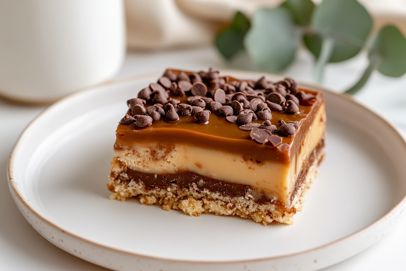 A full rectangular white baking dish filled with an uncut seven-layer dessert bar, clearly showing distinct layers of a crunchy golden shortbread crust, creamy white filling, and rich chocolate chunks interspersed with chopped toffee bits all evenly layered to the edges, topped with a generous sprinkling of crunchy toffee pieces that glisten under natural daylight. The dish is presented on a pristine white marble countertop with soft directional sunlight highlighting the textures and contrasting the layers, styled professionally to evoke indulgence and mouth-watering appeal. REALISTIC STYLE IMAGE| TAGS: High-end food photography, clean composition, dramatic lighting, luxurious, elegant, mouth-watering, indulgent, gourmet | CAMERA: Nikon Z7 | FOCAL LENGTH: 50mm | SHOT TYPE: Close-up | COMPOSITION: 3/4 angle | LIGHTING: Soft directional light | PRODUCTION: Food Stylist | TIME: Daytime I LOCATION TYPE: Kitchen near windows --stylize 150 --ar 3:2