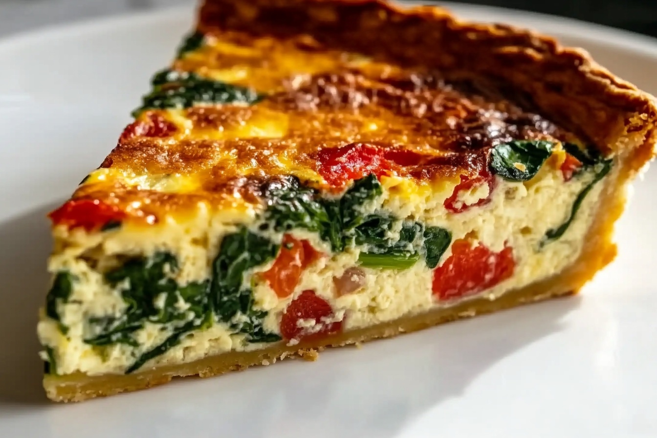 A whole quiche in a round white ceramic baking dish, showcasing a golden, perfectly baked crust filled with a rich custard base bursting with vibrant chunks of red tomatoes, fresh green spinach, and melted cheese, topped with a lightly browned surface. The entire quiche is presented from a 3/4 angle on a pristine white marble kitchen countertop, bathed in natural soft directional daylight coming through nearby windows, styled like a gourmet food magazine hero shot. REALISTIC STYLE IMAGE| TAGS: High-end food photography, clean composition, dramatic lighting, luxurious, elegant, mouth-watering, indulgent, gourmet | CAMERA: Nikon Z7 | FOCAL LENGTH: 50mm | SHOT TYPE: Close-up | COMPOSITION: 3/4 angle | LIGHTING: Soft directional light | PRODUCTION: Food Stylist | TIME: Daytime I LOCATION TYPE: Kitchen near windows --stylize 150 --ar 3:2