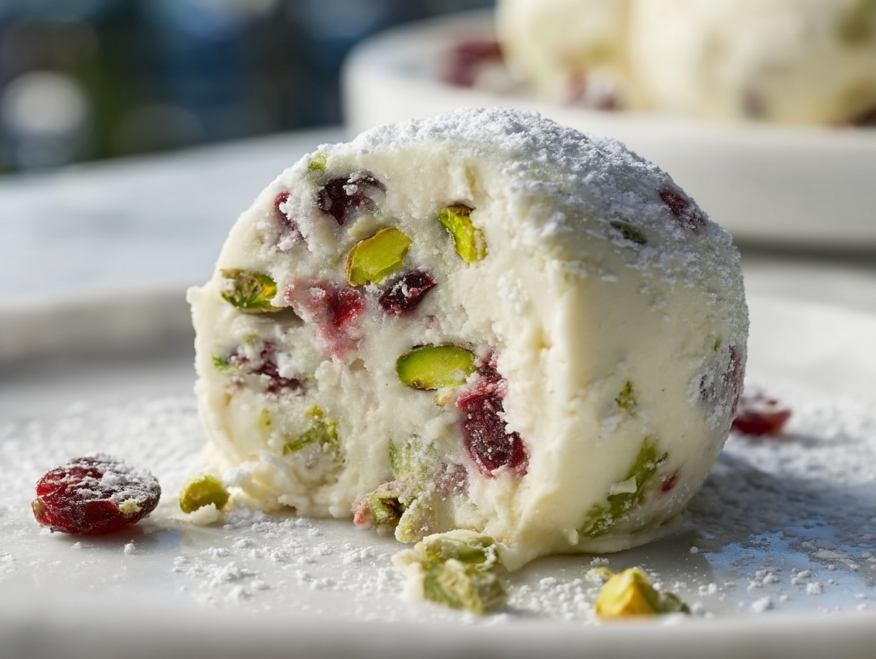 Cranberry Pistachio White Chocolate Truffles Recipe 4 A large white oval ceramic serving tray piled high with a generous batch of powdered sugar-coated cranberry pistachio snowball cookies, showcasing their round, bite-sized shape and textured surface with visible bits of dried cranberries and chopped pistachios embedded in the dough; the cookies are artfully arranged to highlight their abundance and festive appeal, brightened by natural daylight on a white marble kitchen countertop, styled with subtle holiday accents blurred softly in the background to create a warm, inviting atmosphere. REALISTIC STYLE IMAGE| TAGS: High-end food photography, clean composition, dramatic lighting, luxurious, elegant, mouth-watering, indulgent, gourmet | CAMERA: Nikon Z7 | FOCAL LENGTH: 50mm | SHOT TYPE: Close-up | COMPOSITION: 3/4 angle | LIGHTING: Soft directional light | PRODUCTION: Food Stylist | TIME: Daytime I LOCATION TYPE: Kitchen near windows --stylize 150 --ar 3:2