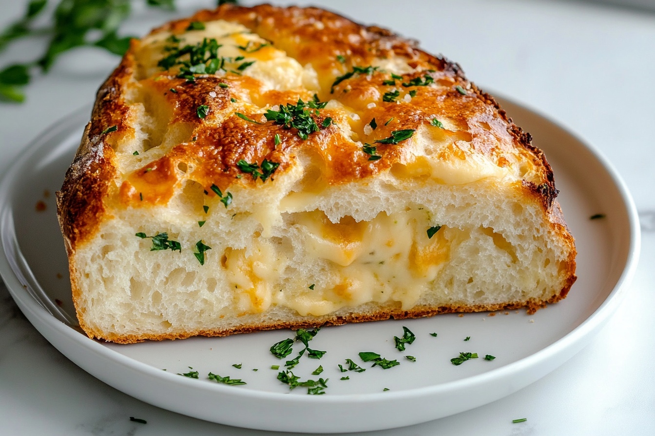 A whole round rustic soda bread on a white ceramic plate, its golden-brown crust dusted with flour and speckled with herbs and melted cheese throughout, perfectly domed and uncut, resting on a white marble kitchen countertop with natural daylight streaming in, styled with sprigs of fresh herbs nearby for an inviting handmade appearance. REALISTIC STYLE IMAGE| TAGS: High-end food photography, clean composition, dramatic lighting, luxurious, elegant, mouth-watering, indulgent, gourmet | CAMERA: Nikon Z7 | FOCAL LENGTH: 50mm | SHOT TYPE: Close-up | COMPOSITION: 3/4 angle | LIGHTING: Soft directional light | PRODUCTION: Food Stylist | TIME: Daytime I LOCATION TYPE: Kitchen near windows --stylize 150 --ar 3:2