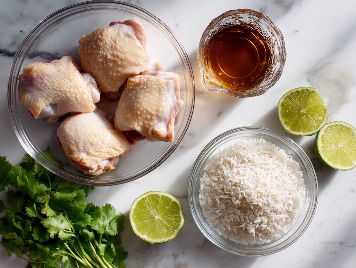 Large white ceramic bowl filled with a whole batch of perfectly seared, golden-brown chicken pieces seasoned with herbs, layered generously over fluffy, steaming white rice, garnished vividly with freshly chopped bright green cilantro, presented in a clean, elegant kitchen setting on a white marble countertop, professional food styling with natural soft directional daylight highlighting the textures and colors, shot at a 3/4 angle capturing the entirety of the dish in frame, conveying a mouth-watering, gourmet appeal. REALISTIC STYLE IMAGE| TAGS: High-end food photography, clean composition, dramatic lighting, luxurious, elegant, mouth-watering, indulgent, gourmet | CAMERA: Nikon Z7 | FOCAL LENGTH: 50mm | SHOT TYPE: Close-up | COMPOSITION: 3/4 angle | LIGHTING: Soft directional light | PRODUCTION: Food Stylist | TIME: Daytime I LOCATION TYPE: Kitchen near windows --stylize 150 --ar 3:2