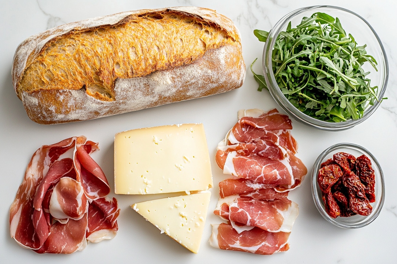 One plated serving of a single sandwich portion on a white plate, showcasing a golden, crispy, and herb-crusted focaccia bun sliced to reveal layers inside. Inside, tender slices of salami and prosciutto are layered with fresh, shredded lettuce and ripe tomato slices, along with melted creamy cheese oozing slightly. The sandwich is sprinkled with cracked black pepper and herbs, highlighting the mix of textures from the crunchy bread crust to the soft, savory and fresh fillings. The setting is a white marble surface with natural daylight streaming in from a kitchen window, creating a warm, inviting atmosphere. The close-up 3/4 angle view emphasizes the depth, colors, and textures of this gourmet, indulgent sandwich ready to eat. REALISTIC STYLE IMAGE| TAGS: High-end food photography, clean composition, dramatic lighting, luxurious, elegant, mouth-watering, indulgent, gourmet | CAMERA: Nikon Z7 | FOCAL LENGTH: 50mm | SHOT TYPE: Close-up | COMPOSITION: 3/4 angle | LIGHTING: Soft directional light | PRODUCTION: Food Stylist | TIME: Daytime I LOCATION TYPE: Kitchen near windows --stylize 150 --ar 3:2