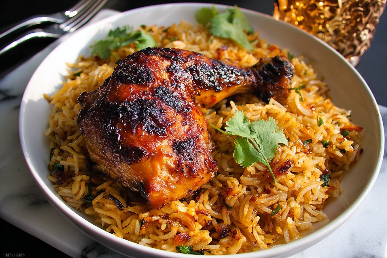 A large stainless steel pot filled with a whole chicken marinated and cooked with fragrant spiced rice, showcasing golden-brown roasted skin and tender meat atop a bed of saffron and tomato-infused basmati rice mixed with caramelized onions and raisins, garnished with fresh cilantro sprigs arranged beside the pot, all presented on a pristine white marble kitchen countertop under soft, natural daylight that highlights the vibrant colors and textures of the dish in an elegant 3/4 angle hero shot. REALISTIC STYLE IMAGE| TAGS: High-end food photography, clean composition, dramatic lighting, luxurious, elegant, mouth-watering, indulgent, gourmet | CAMERA: Nikon Z7 | FOCAL LENGTH: 50mm | SHOT TYPE: Close-up | COMPOSITION: 3/4 angle | LIGHTING: Soft directional light | PRODUCTION: Food Stylist | TIME: Daytime I LOCATION TYPE: Kitchen near windows --stylize 150 --ar 3:2