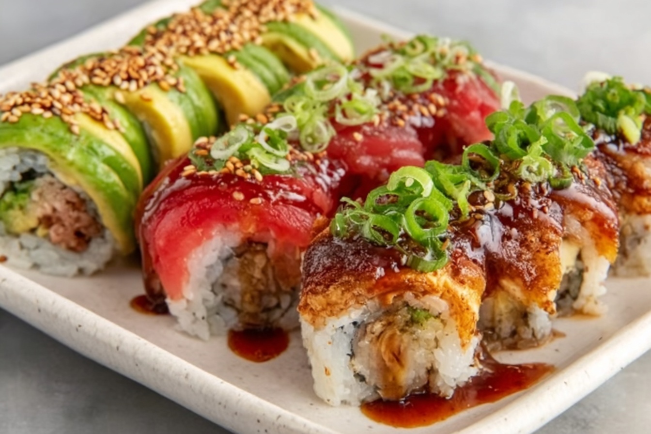 A long white rectangular ceramic plate showcasing a full assortment of sushi rolls arranged neatly side by side, featuring vibrant avocado-topped rolls with a sprinkle of sesame seeds, eel-glazed rolls drizzled with a shiny dark sauce and garnished with chopped green onions, and bright red tuna-topped rolls with a glossy finish, all presented with impeccable precision and attention to detail, photographed at a 3/4 angle on a white marble kitchen countertop with soft natural light highlighting the fresh ingredients, capturing the dish in a luxurious and indulgent style. REALISTIC STYLE IMAGE| TAGS: High-end food photography, clean composition, dramatic lighting, luxurious, elegant, mouth-watering, indulgent, gourmet | CAMERA: Nikon Z7 | FOCAL LENGTH: 50mm | SHOT TYPE: Close-up | COMPOSITION: 3/4 angle | LIGHTING: Soft directional light | PRODUCTION: Food Stylist | TIME: Daytime I LOCATION TYPE: Kitchen near windows --stylize 150 --ar 3:2