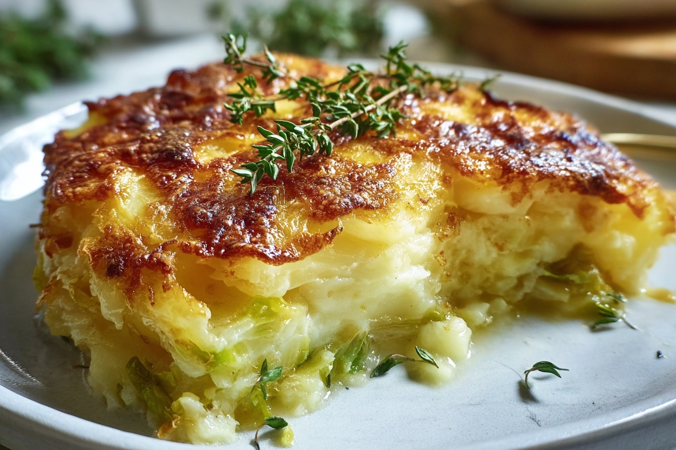 Large white ceramic baking dish filled with a golden-brown scalloped potato casserole topped with fresh thyme sprigs, layers of tender sliced potatoes and green vegetables visible through the crust, entire uncut dish presented on a white marble countertop background, natural soft directional daylight highlighting the crispy textured top, styled as a gourmet food magazine hero shot, focusing on the whole baking dish in a 3/4 angle view, luxurious and elegant presentation. REALISTIC STYLE IMAGE| TAGS: High-end food photography, clean composition, dramatic lighting, luxurious, elegant, mouth-watering, indulgent, gourmet | CAMERA: Nikon Z7 | FOCAL LENGTH: 50mm | SHOT TYPE: Close-up | COMPOSITION: 3/4 angle | LIGHTING: Soft directional light | PRODUCTION: Food Stylist | TIME: Daytime I LOCATION TYPE: Kitchen near windows --stylize 150 --ar 3:2