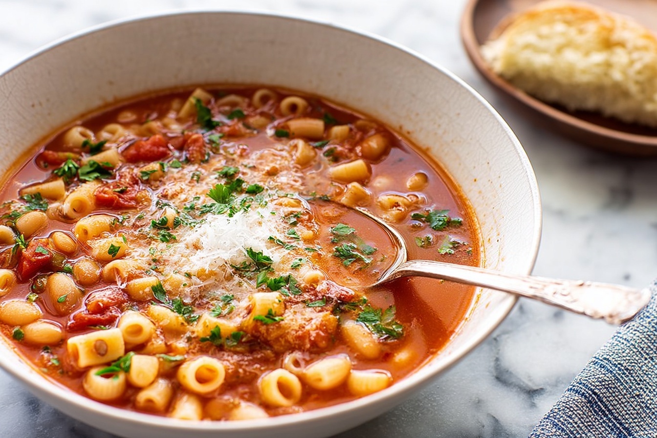 Large white ceramic bowl filled with hearty minestrone soup, showing vibrant diced tomatoes, white beans, small tube-shaped pasta, and finely chopped vegetables in a rich tomato broth, garnished with a generous sprinkling of grated Parmesan cheese in the center, presented as a full serving bowl arrangement with multiple portions alongside on a white marble kitchen countertop, captured in a professional close-up 3/4 angle shot with natural daylight streaming near kitchen windows, styled for a food magazine hero shot, emphasizing the rich textures and warm tones, REALISTIC STYLE IMAGE| TAGS: High-end food photography, clean composition, dramatic lighting, luxurious, elegant, mouth-watering, indulgent, gourmet | CAMERA: Nikon Z7 | FOCAL LENGTH: 50mm | SHOT TYPE: Close-up | COMPOSITION: 3/4 angle | LIGHTING: Soft directional light | PRODUCTION: Food Stylist | TIME: Daytime I LOCATION TYPE: Kitchen near windows --stylize 150 --ar 3:2