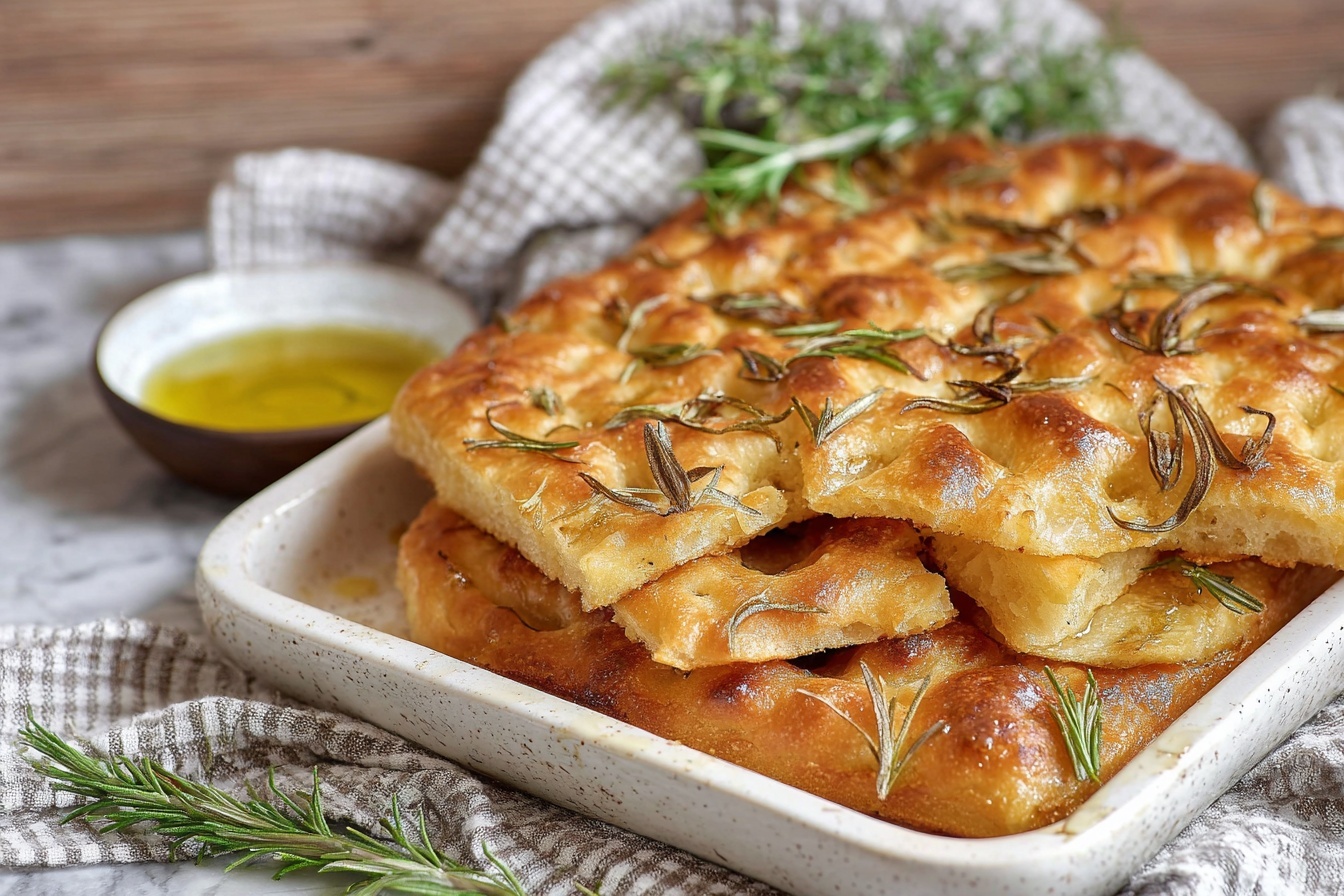 Crispy Potato Flatbread (Schiacciata di Patate) Recipe 6 A whole rustic golden focaccia bread, uncut and freshly baked, generously topped with scattered sprigs of fresh rosemary and a glistening sheen of olive oil, presented on a large white ceramic baking tray. The bread's bubbly, airy texture and crisp crust are captured in a professional 3/4 angle shot, resting on a pristine white marble countertop with natural daylight streaming in from nearby windows, evoking a warm, inviting kitchen atmosphere. REALISTIC STYLE IMAGE| TAGS: High-end food photography, clean composition, dramatic lighting, luxurious, elegant, mouth-watering, indulgent, gourmet | CAMERA: Nikon Z7 | FOCAL LENGTH: 50mm | SHOT TYPE: Close-up | COMPOSITION: 3/4 angle | LIGHTING: Soft directional light | PRODUCTION: Food Stylist | TIME: Daytime I LOCATION TYPE: Kitchen near windows --stylize 150 --ar 3:2
