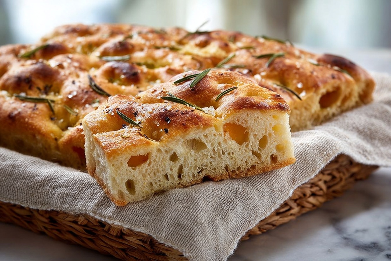 A large, rustic rectangular focaccia bread presented whole in a woven basket lined with a neutral-toned kitchen towel, featuring a golden-brown crust dotted with rosemary sprigs and coarse sea salt, showcasing its airy, bubbly texture and slightly charred top, styled on a white marble countertop with natural daylight illuminating the entire uncut loaf, perfect for a gourmet bread display, emphasizing an artisanal, wholesome appeal. REALISTIC STYLE IMAGE | TAGS: High-end food photography, clean composition, dramatic lighting, luxurious, elegant, mouth-watering, indulgent, gourmet | CAMERA: Nikon Z7 | FOCAL LENGTH: 50mm | SHOT TYPE: Close-up | COMPOSITION: 3/4 angle | LIGHTING: Soft directional light | PRODUCTION: Food Stylist | TIME: Daytime | LOCATION TYPE: Kitchen near windows --stylize 150 --ar 3:2