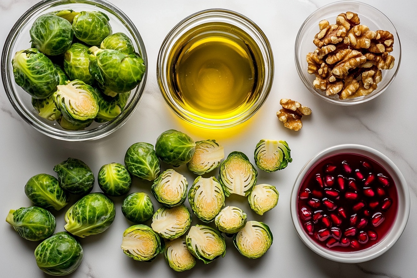 A single white plate featuring a carefully plated portion of roasted Brussels sprouts, halved to reveal their tender, caramelized interior layers, mixed with scattered pomegranate seeds and chopped walnuts that add vibrant color and texture contrast. The close-up shot captures the glistening, slightly crisped outer leaves and the juicy, soft center of the sprouts with natural lighting enhancing the fresh, earthy tones. The plate rests on a white marble surface, evoking a luxurious, elegant feel, styled as a gourmet, mouth-watering autumn side dish. REALISTIC STYLE IMAGE| TAGS: High-end food photography, clean composition, dramatic lighting, luxurious, elegant, mouth-watering, indulgent, gourmet | CAMERA: Nikon Z7 | FOCAL LENGTH: 50mm | SHOT TYPE: Close-up | COMPOSITION: 3/4 angle | LIGHTING: Soft directional light | PRODUCTION: Food Stylist | TIME: Daytime I LOCATION TYPE: Kitchen near windows --stylize 150 --ar 3:2