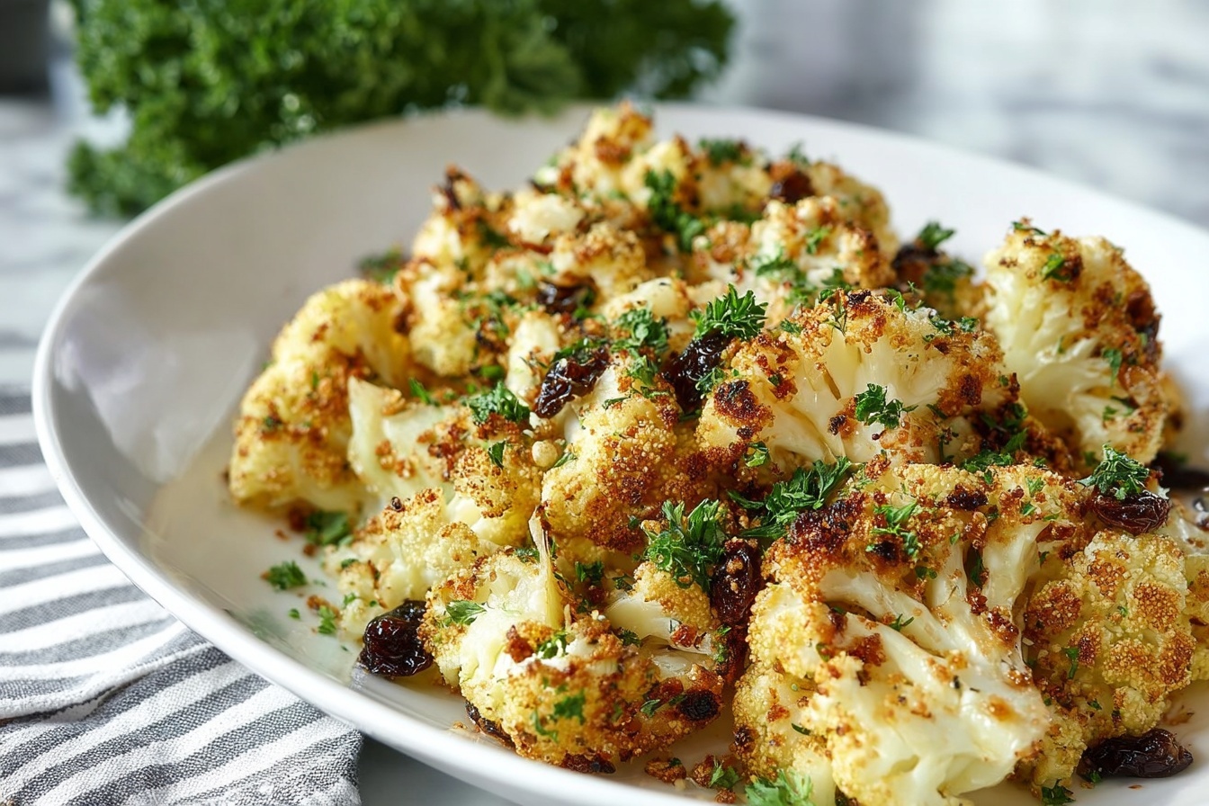 Large white ceramic serving bowl filled with a whole batch of golden roasted cauliflower florets, evenly coated with a savory herb and breadcrumb mixture, garnished with fresh sprigs of parsley, filling the bowl completely, photographed from a 3/4 angle on a white marble kitchen countertop, illuminated by soft natural light streaming through nearby windows, styled for a gourmet food magazine hero shot. REALISTIC STYLE IMAGE| TAGS: High-end food photography, clean composition, dramatic lighting, luxurious, elegant, mouth-watering, indulgent, gourmet | CAMERA: Nikon Z7 | FOCAL LENGTH: 50mm | SHOT TYPE: Close-up | COMPOSITION: 3/4 angle | LIGHTING: Soft directional light | PRODUCTION: Food Stylist | TIME: Daytime I LOCATION TYPE: Kitchen near windows --stylize 150 --ar 3:2