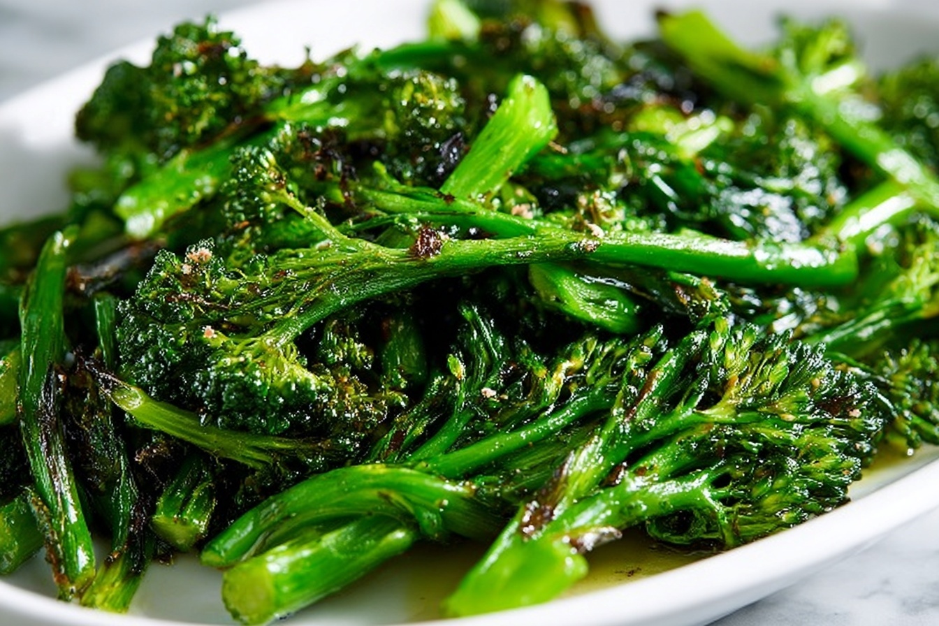 A large white square serving dish filled with vibrant sautéed broccolini, evenly cooked with a slight char, glistening with olive oil, and mixed with fresh herbs giving a colorful contrast of deep green hues. The dish is styled in a generous portion, highlighting the natural texture and freshness of the broccolini, placed on a white marble kitchen countertop with natural daylight softly illuminating the scene. The composition is captured at a 3/4 angle, presenting a clean, elegant, and appetizing whole serving perfect for a gourmet meal. REALISTIC STYLE IMAGE| TAGS: High-end food photography, clean composition, dramatic lighting, luxurious, elegant, mouth-watering, indulgent, gourmet | CAMERA: Nikon Z7 | FOCAL LENGTH: 50mm | SHOT TYPE: Close-up | COMPOSITION: 3/4 angle | LIGHTING: Soft directional light | PRODUCTION: Food Stylist | TIME: Daytime I LOCATION TYPE: Kitchen near windows --stylize 150 --ar 3:2