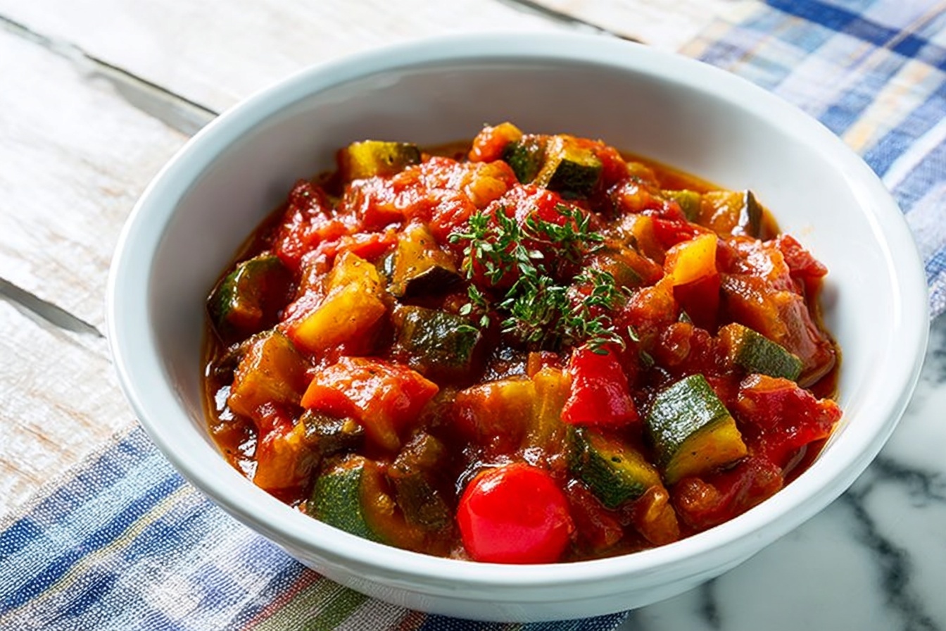 A large white ceramic bowl filled to the brim with vibrant ratatouille, showcasing tender chunks of zucchini, eggplant, red and yellow bell peppers, tomatoes, and fresh herbs all beautifully stewed together in a rich, glossy sauce. Surrounding the bowl are multiple rustic slices of artisan bread placed casually on a white marble kitchen countertop, the entire scene bathed in soft natural light coming from a nearby window. The composition is styled as a heroic 3/4 angle shot with a clean, elegant appearance, emphasizing the wholesome, hearty quality of the traditional French vegetable stew. REALISTIC STYLE IMAGE | TAGS: High-end food photography, clean composition, dramatic lighting, luxurious, elegant, mouth-watering, indulgent, gourmet | CAMERA: Nikon Z7 | FOCAL LENGTH: 50mm | SHOT TYPE: Close-up | COMPOSITION: 3/4 angle | LIGHTING: Soft directional light | PRODUCTION: Food Stylist | TIME: Daytime | LOCATION TYPE: Kitchen near windows --stylize 150 --ar 3:2