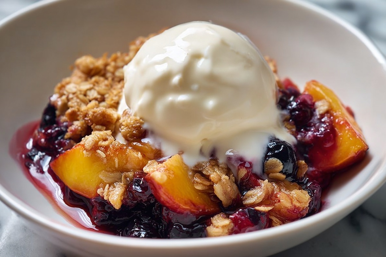 Large white rectangular ceramic baking dish filled with whole homemade mixed berry and peach fruit crumble, topped with golden-brown oat and almond streusel with visible juicy bubbling fruit filling around edges, photographed from a stylish 3/4 angle on a white marble kitchen countertop, natural soft directional daylight illuminating the glossy fruit and crunchy topping, professionally styled food hero shot that is indulgent, mouth-watering, and elegant, perfect for a gourmet food magazine spread. REALISTIC STYLE IMAGE| TAGS: High-end food photography, clean composition, dramatic lighting, luxurious, elegant, mouth-watering, indulgent, gourmet | CAMERA: Nikon Z7 | FOCAL LENGTH: 50mm | SHOT TYPE: Close-up | COMPOSITION: 3/4 angle | LIGHTING: Soft directional light | PRODUCTION: Food Stylist | TIME: Daytime I LOCATION TYPE: Kitchen near windows --stylize 150 --ar 3:2