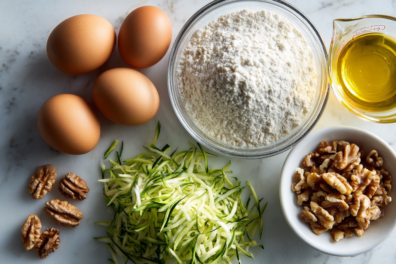 A single slice of moist zucchini walnut bread on a pristine white plate, angled to reveal the delicate crumb studded with shredded zucchini and crunchy walnut pieces, showing the textured golden-brown crust topped with a generous layer of chopped walnuts, the interior soft and speckled with green zucchini strands, placed on a white marble surface, natural soft daylight highlighting the moistness and texture, styled as a gourmet food blog shot. REALISTIC STYLE IMAGE| TAGS: High-end food photography, clean composition, dramatic lighting, luxurious, elegant, mouth-watering, indulgent, gourmet | CAMERA: Nikon Z7 | FOCAL LENGTH: 50mm | SHOT TYPE: Close-up | COMPOSITION: 3/4 angle | LIGHTING: Soft directional light | PRODUCTION: Food Stylist | TIME: Daytime I LOCATION TYPE: Kitchen near windows --stylize 150 --ar 3:2