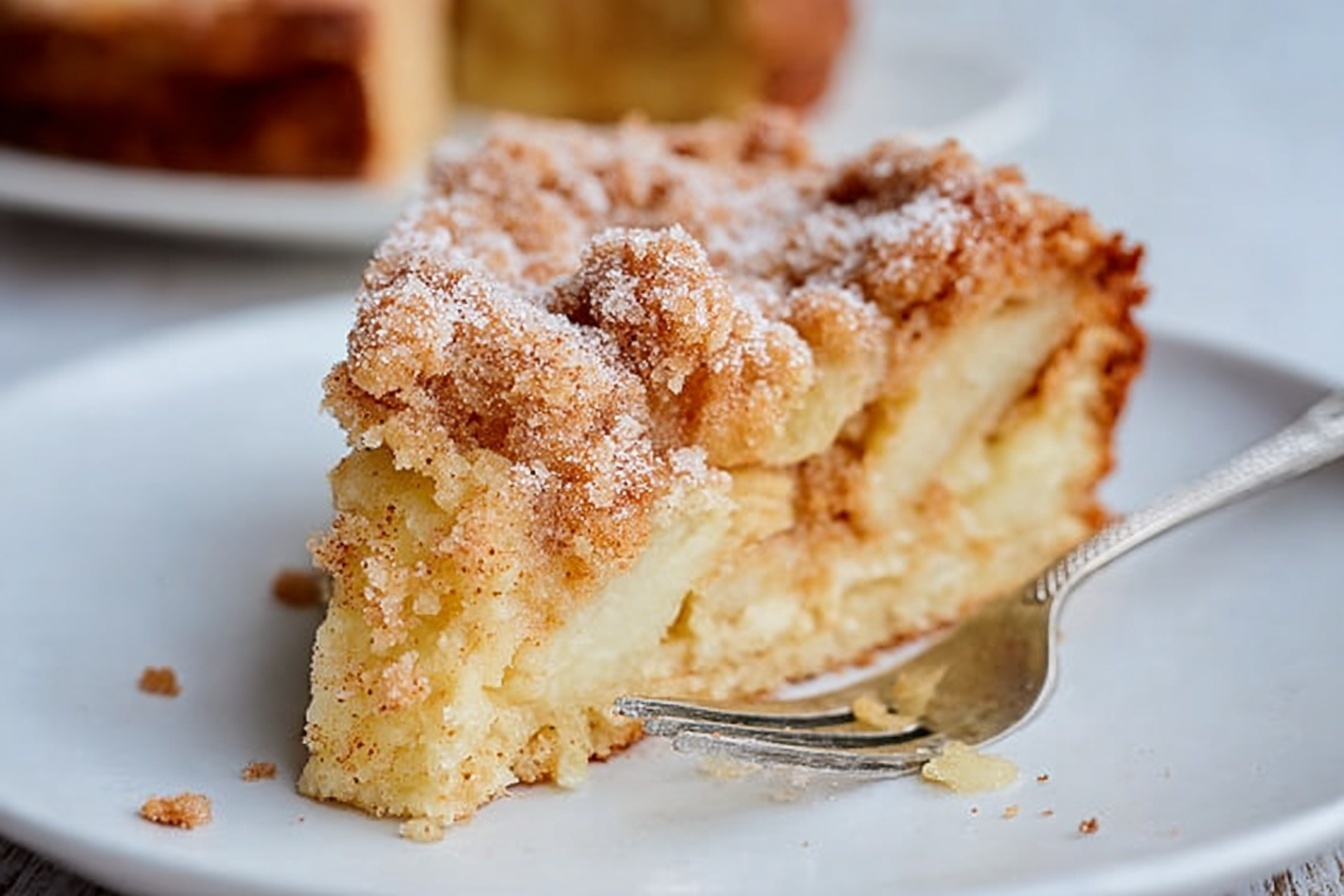 A whole round apple cinnamon cake, perfectly baked with a golden-brown crust and swirls of cinnamon sugar dusted generously on top, sitting on a pristine white ceramic plate. The cake showcases a rustic texture with visible chunks of tender baked apples throughout, giving an inviting, homemade appearance. This entire cake is captured in a professional 3/4 angle shot on a white marble kitchen counter with natural soft directional daylight highlighting the warm tones and delicate sugary topping, styled by a skilled food stylist for a luxurious and mouth-watering presentation. REALISTIC STYLE IMAGE| TAGS: High-end food photography, clean composition, dramatic lighting, luxurious, elegant, mouth-watering, indulgent, gourmet | CAMERA: Nikon Z7 | FOCAL LENGTH: 50mm | SHOT TYPE: Close-up | COMPOSITION: 3/4 angle | LIGHTING: Soft directional light | PRODUCTION: Food Stylist | TIME: Daytime I LOCATION TYPE: Kitchen near windows --stylize 150 --ar 3:2