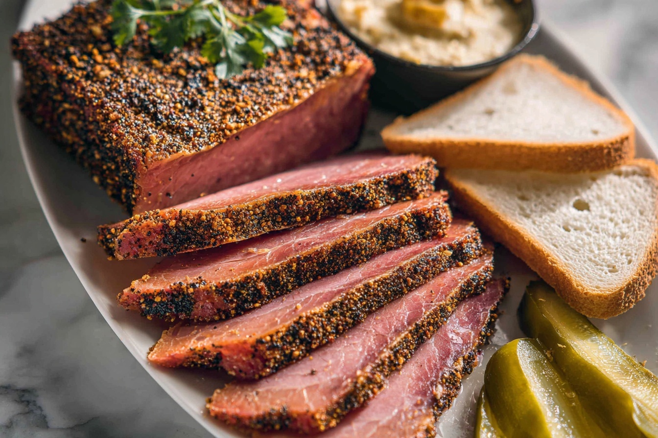 Smoked Corned Beef Recipe 6 A large wooden cutting board featuring a whole, uncut spice-rubbed pastrami brisket with a rustic knife beside it, arranged alongside whole slices of rye bread stacked neatly with adjacent small white bowls filled with grainy mustard and crisp dill pickles. The entire ensemble is presented on a white marble countertop with warm natural light illuminating the rich textures of the meat, bread, and condiments, styled in a gourmet, indulgent manner to evoke a high-end deli experience. REALISTIC STYLE IMAGE| TAGS: High-end food photography, clean composition, dramatic lighting, luxurious, elegant, mouth-watering, indulgent, gourmet | CAMERA: Nikon Z7 | FOCAL LENGTH: 50mm | SHOT TYPE: Close-up | COMPOSITION: 3/4 angle | LIGHTING: Soft directional light | PRODUCTION: Food Stylist | TIME: Daytime I LOCATION TYPE: Kitchen near windows --stylize 150 --ar 3:2