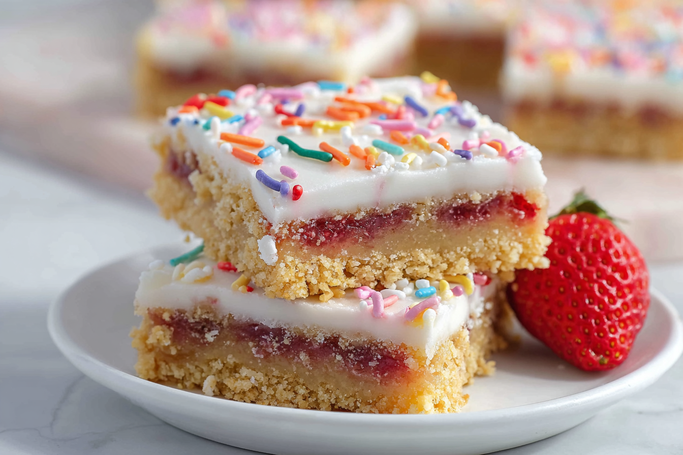 A large white rectangular ceramic tray filled with an entire batch of freshly baked iced jam bars, featuring a golden crumbly shortbread base and middle layer of luscious strawberry jam, all topped with a thick layer of smooth white icing sprinkled generously with colorful pastel sprinkles. The whole batch is neatly arranged, showcasing the complete uncut dessert, with a fresh strawberry placed casually on the side. Photographed from a 3/4 angle on a white marble kitchen countertop with natural soft directional daylight streaming in, styled to highlight the homemade textures and vibrant colors, inviting and indulgent. REALISTIC STYLE IMAGE| TAGS: High-end food photography, clean composition, dramatic lighting, luxurious, elegant, mouth-watering, indulgent, gourmet | CAMERA: Nikon Z7 | FOCAL LENGTH: 50mm | SHOT TYPE: Close-up | COMPOSITION: 3/4 angle | LIGHTING: Soft directional light | PRODUCTION: Food Stylist | TIME: Daytime I LOCATION TYPE: Kitchen near windows --stylize 150 --ar 3:2