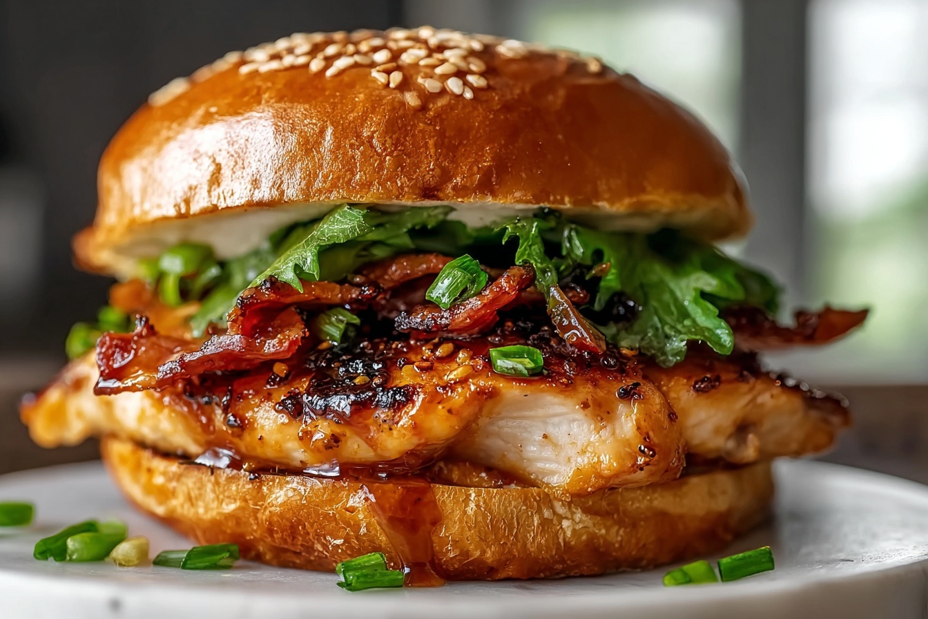 A large white plate featuring a whole, perfectly assembled grilled chicken sandwich with a glossy, golden brioche bun topped with sesame seeds, filled with a juicy, tender grilled chicken filet layered with crispy bacon strips, fresh green lettuce leaves, finely chopped scallions, and a savory glaze dripping slightly over the sides. The entire sandwich is shown in a close-up 3/4 angle shot on a pristine white marble kitchen countertop, lit with soft natural light highlighting the textures and colors, styled elegantly to emphasize its gourmet appeal. REALISTIC STYLE IMAGE| TAGS: High-end food photography, clean composition, dramatic lighting, luxurious, elegant, mouth-watering, indulgent, gourmet | CAMERA: Nikon Z7 | FOCAL LENGTH: 50mm | SHOT TYPE: Close-up | COMPOSITION: 3/4 angle | LIGHTING: Soft directional light | PRODUCTION: Food Stylist | TIME: Daytime I LOCATION TYPE: Kitchen near windows --stylize 150 --ar 3:2