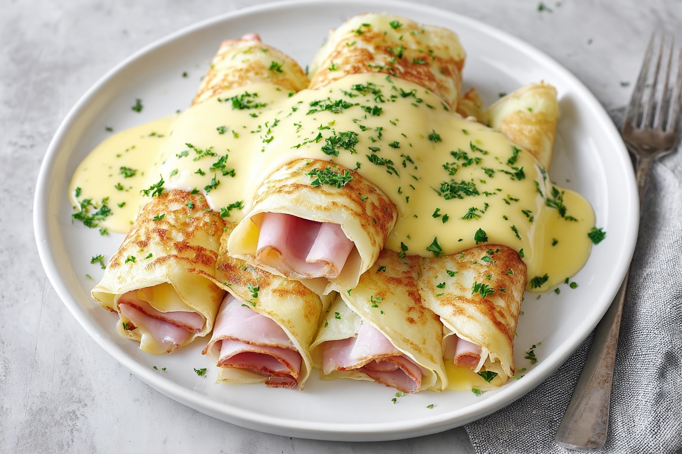 Large white round plate featuring a beautifully arranged set of whole ham and cheese crepes, each delicately rolled and generously topped with smooth, creamy hollandaise sauce sprinkled with finely chopped fresh parsley. The crepes display an inviting golden-brown color with visible layers of tender ham peeking out, showcasing the perfect balance of textures and flavors. The scene is set on a white marble kitchen countertop under natural soft daylight, emphasizing the elegant and indulgent appeal of these classic French-inspired breakfast treats. REALISTIC STYLE IMAGE| TAGS: High-end food photography, clean composition, dramatic lighting, luxurious, elegant, mouth-watering, indulgent, gourmet | CAMERA: Nikon Z7 | FOCAL LENGTH: 50mm | SHOT TYPE: Close-up | COMPOSITION: 3/4 angle | LIGHTING: Soft directional light | PRODUCTION: Food Stylist | TIME: Daytime I LOCATION TYPE: Kitchen near windows --stylize 150 --ar 3:2