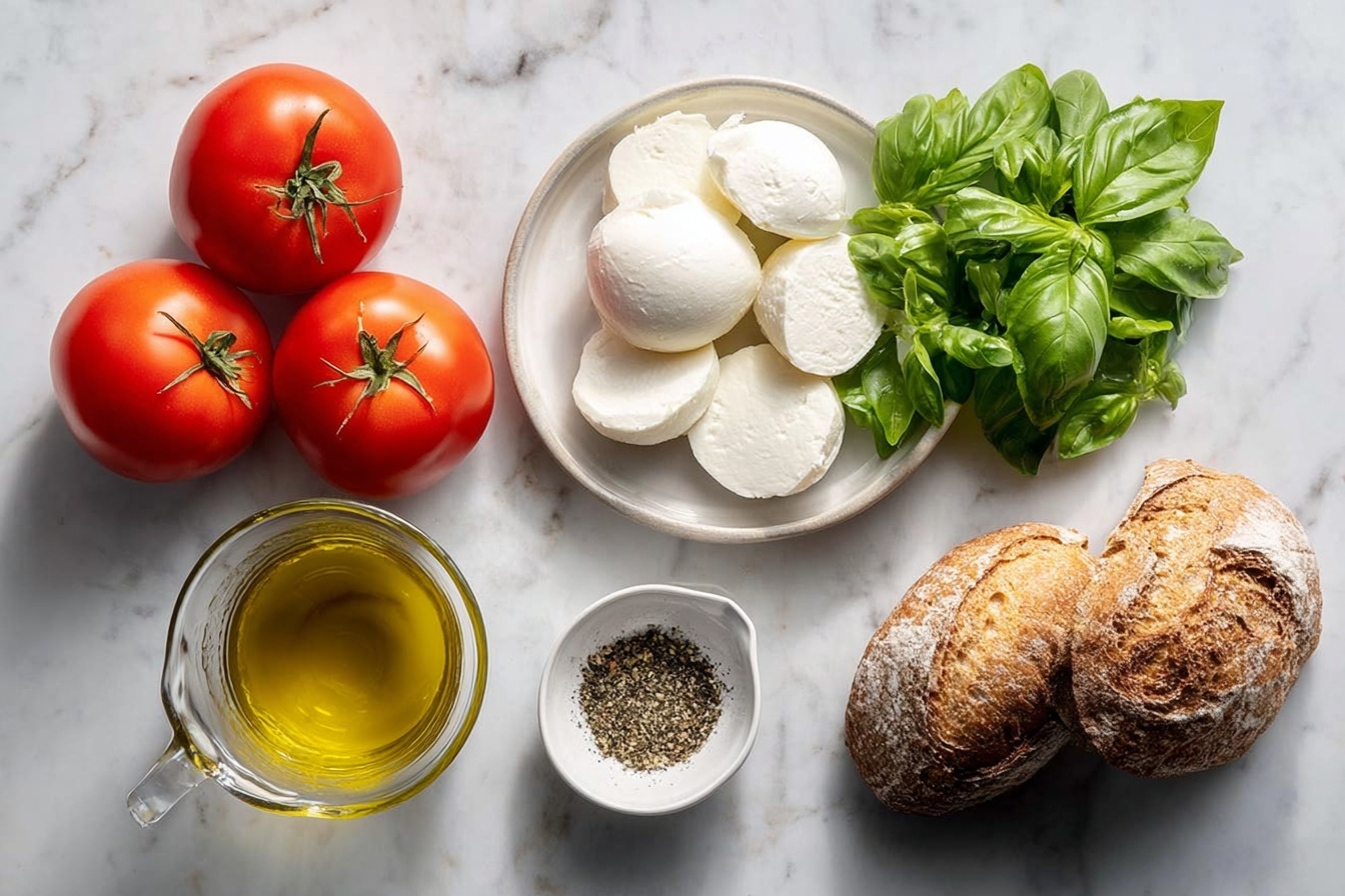 A single white plate showcasing a close-up, plated serving of one slice of caprese toast, featuring thick, juicy layers of ripe red tomato and creamy mozzarella cheese beautifully stacked on toasted artisan bread. Fresh basil leaves are carefully arranged on top, with a drizzle of golden olive oil and a sprinkle of coarse black pepper and sea salt highlighting the vibrant colors and textures. The slice reveals the moist interior of the bread and the fresh layers of cheese and tomato, all resting on a white marble surface bathed in natural soft daylight, styled elegantly as a gourmet snack. REALISTIC STYLE IMAGE| TAGS: High-end food photography, clean composition, dramatic lighting, luxurious, elegant, mouth-watering, indulgent, gourmet | CAMERA: Nikon Z7 | FOCAL LENGTH: 50mm | SHOT TYPE: Close-up | COMPOSITION: 3/4 angle | LIGHTING: Soft directional light | PRODUCTION: Food Stylist | TIME: Daytime I LOCATION TYPE: Kitchen near windows --stylize 150 --ar 3:2