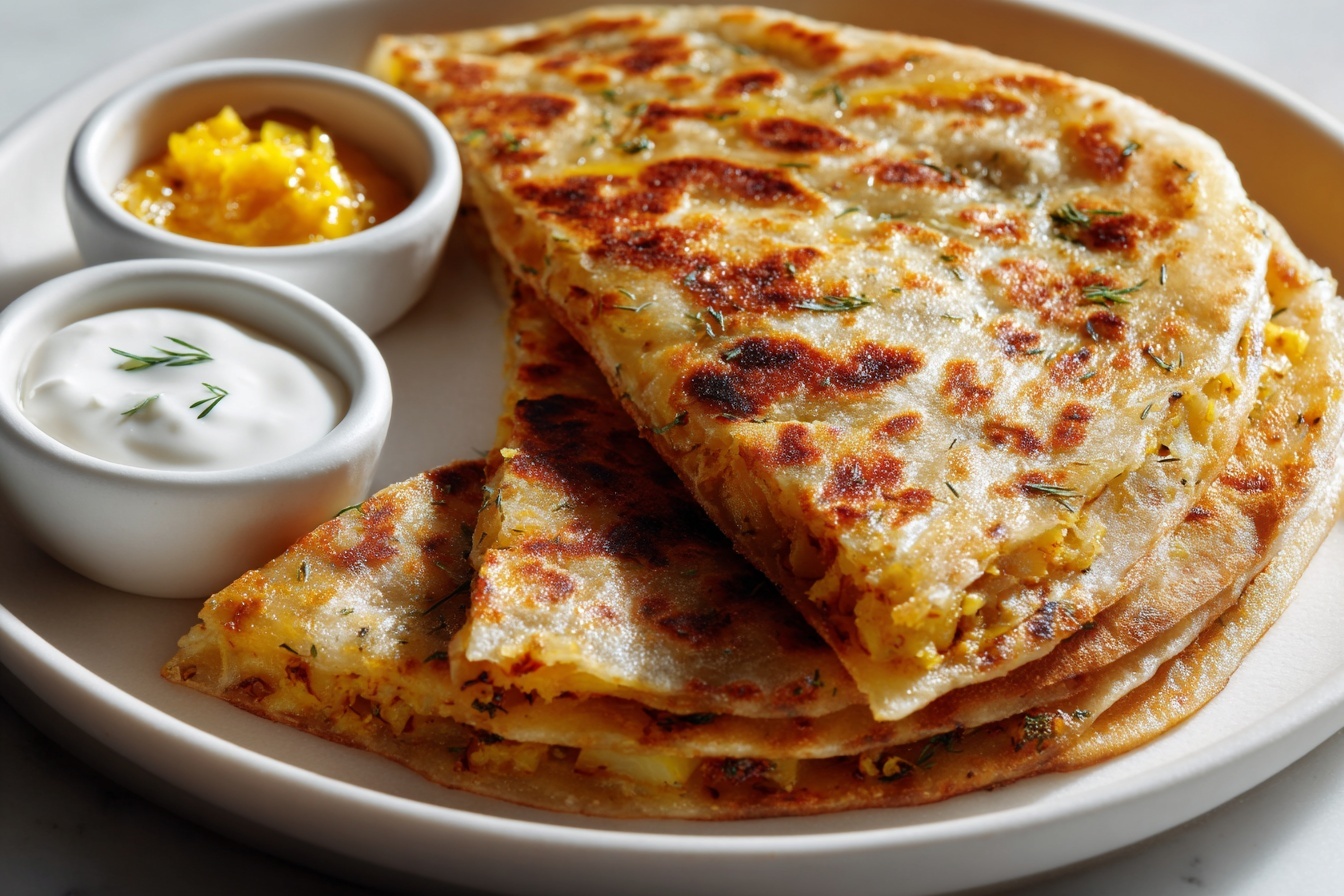 A large white oval ceramic serving plate presenting a full stack of whole, golden-brown stuffed parathas with their perfectly crisp, textured surfaces and characteristic spots. The plate is accompanied by small side bowls holding creamy white yogurt and tangy pickle garnished with lemon zest, all arranged elegantly on a white marble kitchen countertop. The lighting highlights the warm tones and layers of the parathas, offering a mouth-watering and indulgent presentation in a luxurious, gourmet style. REALISTIC STYLE IMAGE| TAGS: High-end food photography, clean composition, dramatic lighting, luxurious, elegant, mouth-watering, indulgent, gourmet | CAMERA: Nikon Z7 | FOCAL LENGTH: 50mm | SHOT TYPE: Close-up | COMPOSITION: 3/4 angle | LIGHTING: Soft directional light | PRODUCTION: Food Stylist | TIME: Daytime I LOCATION TYPE: Kitchen near windows --stylize 150 --ar 3:2