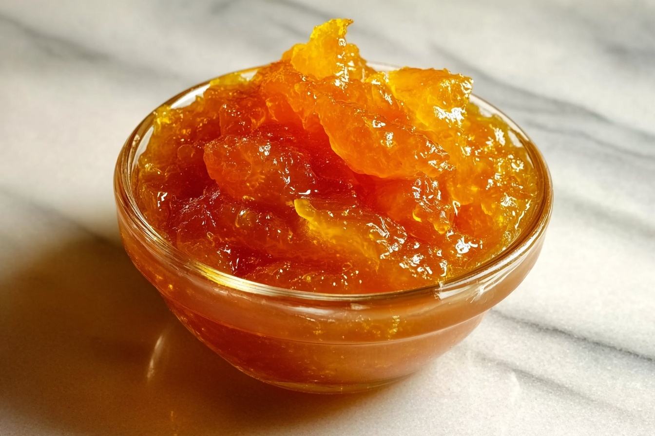 A collection of six glass jars filled with bright orange chunky marmalade, placed neatly on a round wooden board with a rustic white linen napkin beside them, all arranged on a white marble kitchen countertop. The jars showcase the full vibrant texture and color of the marmalade, highlighting its glossy, homemade appearance. The shot is taken at a 3/4 angle, revealing the complete set of jars in a clean, elegant presentation with natural daylight streaming softly from a nearby window. REALISTIC STYLE IMAGE| TAGS: High-end food photography, clean composition, dramatic lighting, luxurious, elegant, mouth-watering, indulgent, gourmet | CAMERA: Nikon Z7 | FOCAL LENGTH: 50mm | SHOT TYPE: Close-up | COMPOSITION: 3/4 angle | LIGHTING: Soft directional light | PRODUCTION: Food Stylist | TIME: Daytime I LOCATION TYPE: Kitchen near windows --stylize 150 --ar 3:2