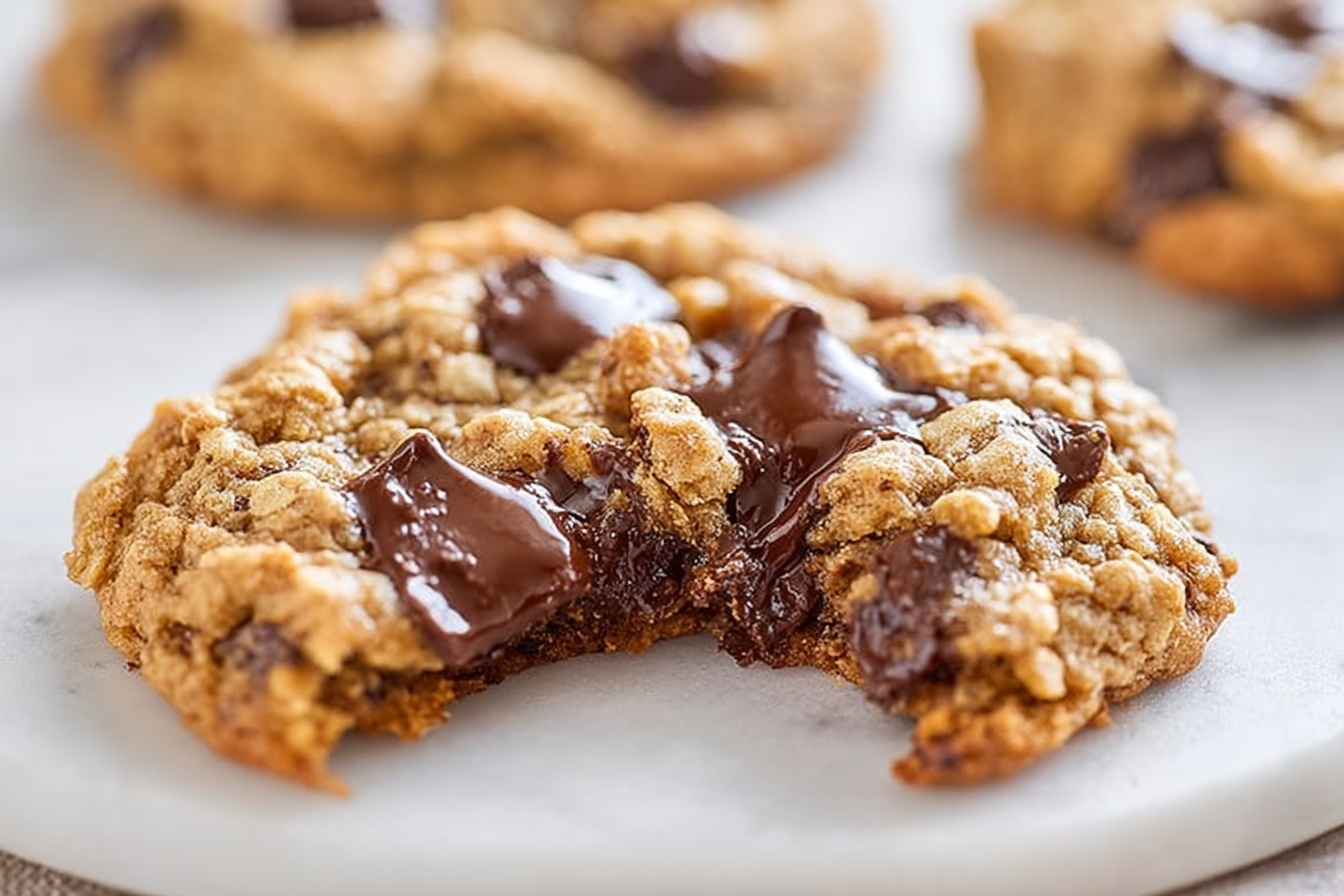 A large white oval ceramic serving tray filled with a generous batch of freshly baked oatmeal chocolate chip cookies, each cookie thick and textured with oats and scattered with glossy, melty chocolate chips, arranged closely together to emphasize abundance and warmth. The cookies have a slightly golden-brown surface with a soft, rustic appearance, inviting and mouth-watering. The entire tray is photographed from a 3/4 angle on a white marble kitchen countertop with natural soft directional daylight streaming in from nearby windows, styled professionally for a luxurious, gourmet presentation. REALISTIC STYLE IMAGE| TAGS: High-end food photography, clean composition, dramatic lighting, luxurious, elegant, mouth-watering, indulgent, gourmet | CAMERA: Nikon Z7 | FOCAL LENGTH: 50mm | SHOT TYPE: Close-up | COMPOSITION: 3/4 angle | LIGHTING: Soft directional light | PRODUCTION: Food Stylist | TIME: Daytime I LOCATION TYPE: Kitchen near windows --stylize 150 --ar 3:2