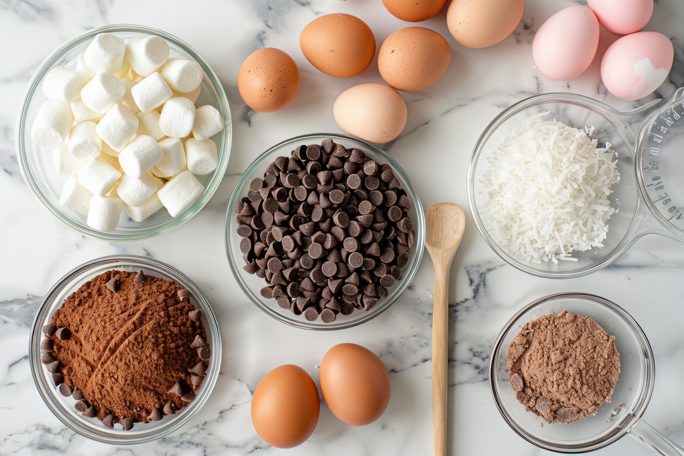 Single white plate with one generous slice of chocolate marshmallow walnut slice, showing colorful pastel marshmallow pieces embedded inside rich dark chocolate and crunchy walnut pieces, coconut flakes lightly coated on the edges, angled close-up exposing the textured interior layers and chunks, placed on white marble surface with soft natural daylight illuminating the glossy surface and vibrant colors, styled as an elegant plated serving from a food blog, mouth-watering and indulgent presentation. REALISTIC STYLE IMAGE| TAGS: High-end food photography, clean composition, dramatic lighting, luxurious, elegant, mouth-watering, indulgent, gourmet | CAMERA: Nikon Z7 | FOCAL LENGTH: 50mm | SHOT TYPE: Close-up | COMPOSITION: 3/4 angle | LIGHTING: Soft directional light | PRODUCTION: Food Stylist | TIME: Daytime I LOCATION TYPE: Kitchen near windows --stylize 150 --ar 3:2
