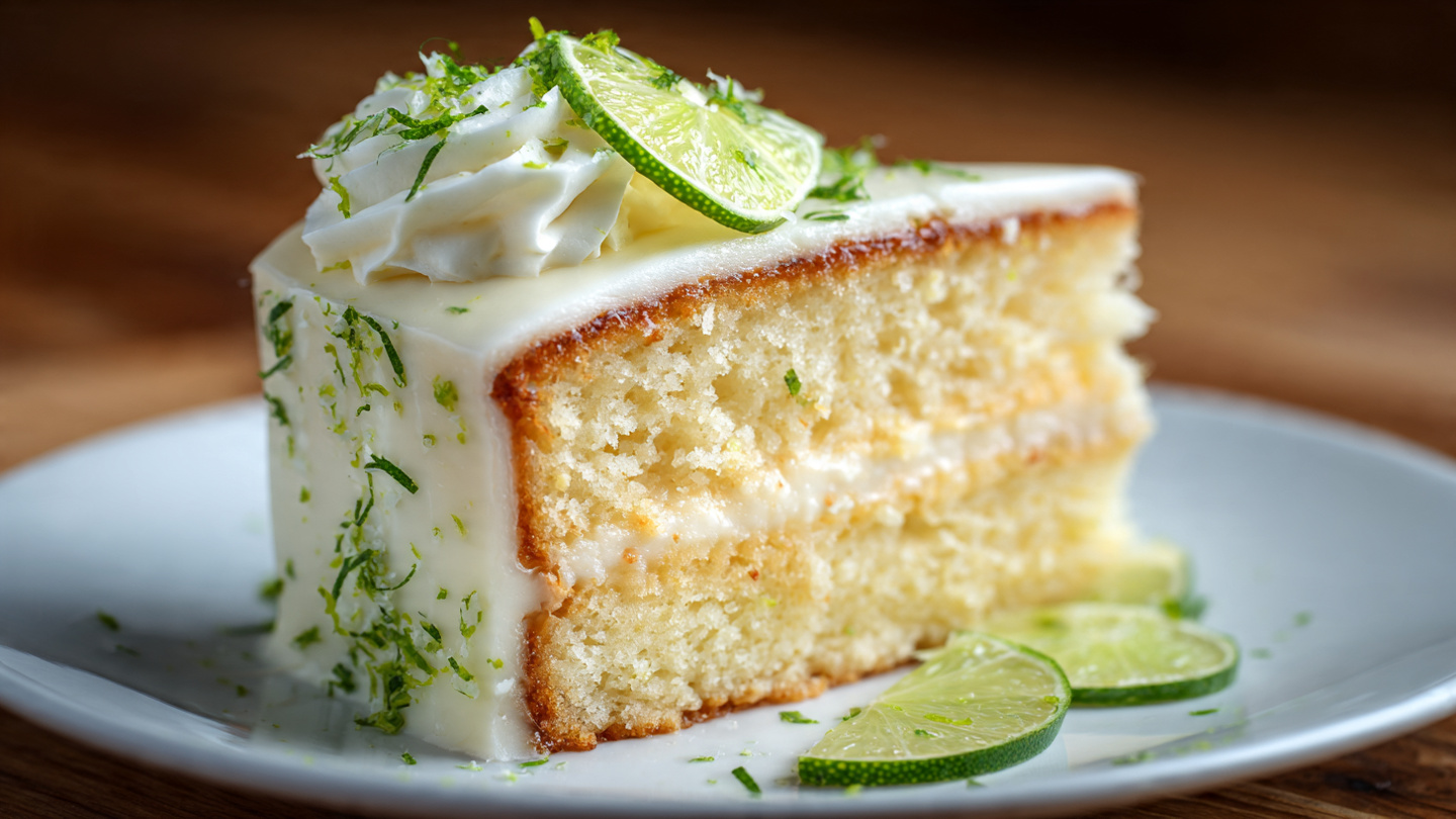 Key Lime Cake Recipe 6 Entire, smoothly frosted whole key lime cheesecake on a white round cake board, decorated with evenly piped pale green whipped cream rosettes around the top edge and topped with three thin lime slices and light green zest powder, sitting on a white marble countertop with whole limes in the background, photographed from a 3/4 angle in natural daylight for a gourmet food magazine hero shot, capturing the creamy texture and crumbly biscuit base with elegance and indulgence, pristine and luxurious presentation. REALISTIC STYLE IMAGE| TAGS: High-end food photography, clean composition, dramatic lighting, luxurious, elegant, mouth-watering, indulgent, gourmet | CAMERA: Nikon Z7 | FOCAL LENGTH: 50mm | SHOT TYPE: Close-up | COMPOSITION: 3/4 angle | LIGHTING: Soft directional light | PRODUCTION: Food Stylist | TIME: Daytime I LOCATION TYPE: Kitchen near windows --stylize 150 --ar 3:2