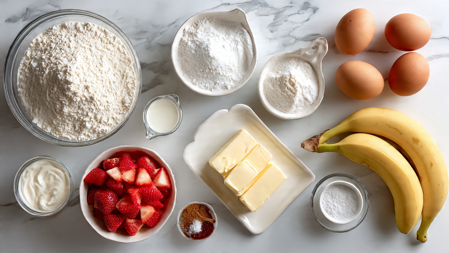 Strawberry Banana Bread Recipe 5 Single white plate with one thick slice of moist banana strawberry bread, the cross-section revealing embedded pieces of fresh strawberries and speckled banana texture throughout the dense crumb, golden crust edges framing the slice, placed on a white marble surface with soft natural light highlighting the rich interior layers, styled for a gourmet food blog close-up shot. REALISTIC STYLE IMAGE| TAGS: High-end food photography, clean composition, dramatic lighting, luxurious, elegant, mouth-watering, indulgent, gourmet | CAMERA: Nikon Z7 | FOCAL LENGTH: 50mm | SHOT TYPE: Close-up | COMPOSITION: 3/4 angle | LIGHTING: Soft directional light | PRODUCTION: Food Stylist | TIME: Daytime I LOCATION TYPE: Kitchen near windows --stylize 150 --ar 3:2