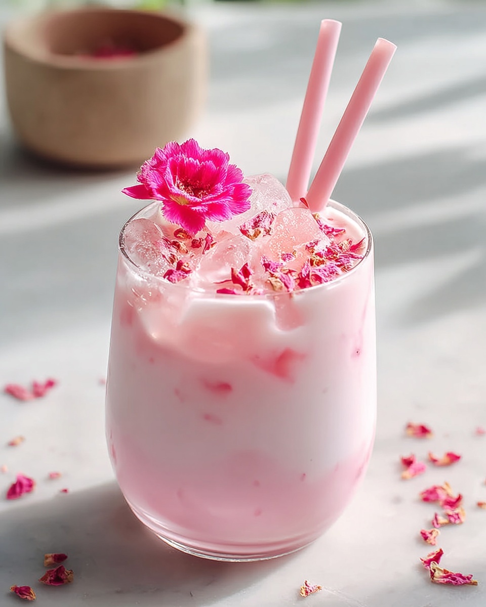 Large modern glass pitcher filled with frothy pink rose milk drink, garnished generously on top with fresh edible pink rose petals, set on a white marble kitchen countertop with natural daylight streaming through nearby windows, styled for a luxurious and elegant food magazine hero shot. REALISTIC STYLE IMAGE| TAGS: High-end food photography, clean composition, dramatic lighting, luxurious, elegant, mouth-watering, indulgent, gourmet | CAMERA: Nikon Z7 | FOCAL LENGTH: 50mm | SHOT TYPE: Close-up | COMPOSITION: 3/4 angle | LIGHTING: Soft directional light | PRODUCTION: Food Stylist | TIME: Daytime I LOCATION TYPE: Kitchen near windows --stylize 150 --ar 4:5