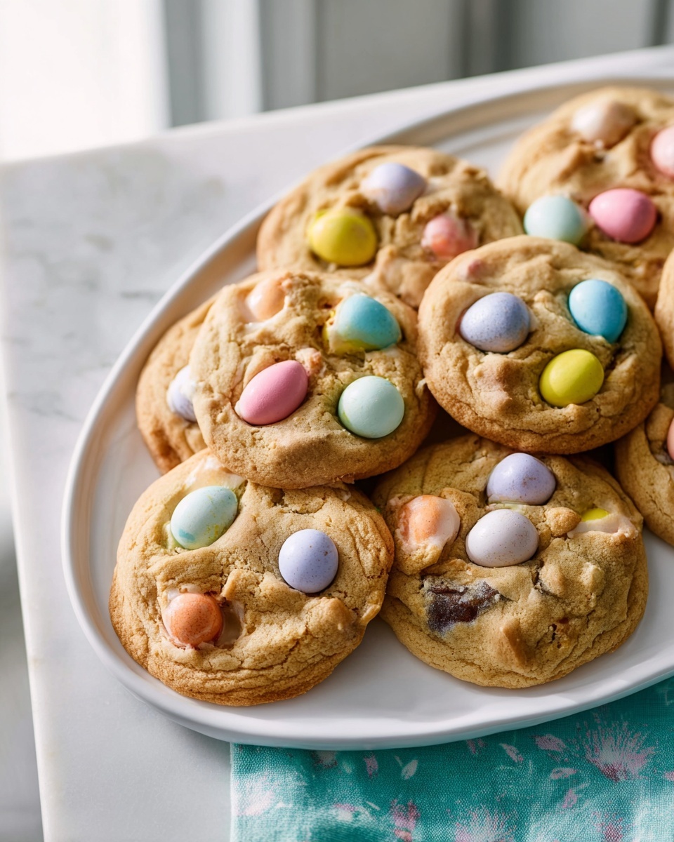 A large white oval ceramic serving tray filled with a generous batch of freshly baked cookies studded with colorful pastel candy-coated chocolate eggs, the cookies golden brown with soft centers and slightly crisp edges, the candies perfectly nestled in, creating a festive and inviting appearance, arranged as a whole group on the tray, photographed from a 3/4 angle on a white marble kitchen countertop with natural soft directional daylight, styled impeccably to highlight the textures and colors for a mouth-watering, gourmet presentation. REALISTIC STYLE IMAGE| TAGS: High-end food photography, clean composition, dramatic lighting, luxurious, elegant, mouth-watering, indulgent, gourmet | CAMERA: Nikon Z7 | FOCAL LENGTH: 50mm | SHOT TYPE: Close-up | COMPOSITION: 3/4 angle | LIGHTING: Soft directional light | PRODUCTION: Food Stylist | TIME: Daytime I LOCATION TYPE: Kitchen near windows --stylize 150 --ar 4:5