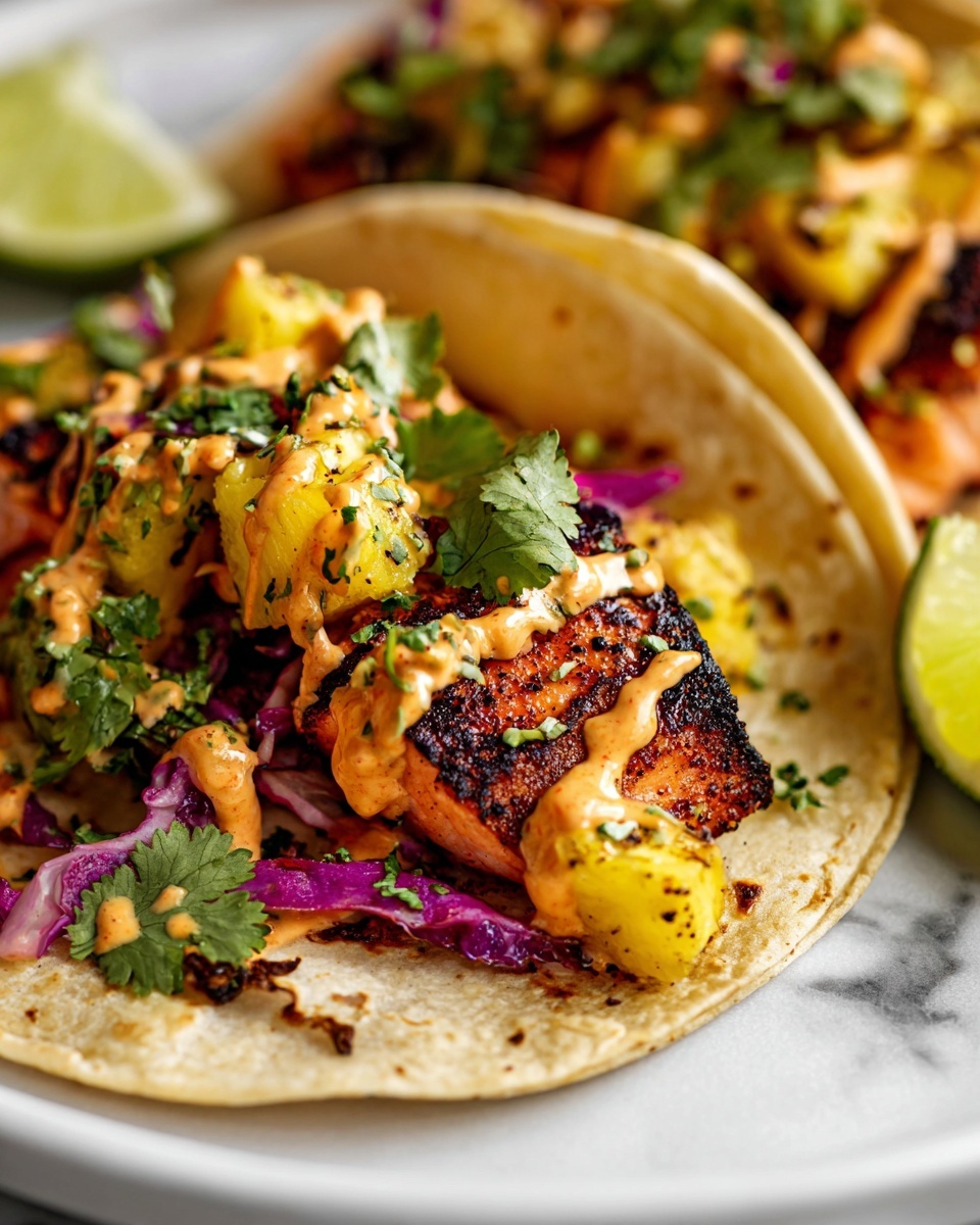 Large white oval ceramic platter showcasing an abundant arrangement of whole fish tacos on soft corn tortillas, featuring perfectly blackened seasoned fish fillets topped with vibrant purple cabbage slaw, fresh diced avocado, chunks of bright yellow pineapple, and drizzled generously with creamy spicy orange sauce. Garnished with finely chopped cilantro, scattered red pepper flakes, and thin slices of fresh jalapeño peppers alongside lime wedges, presented on a white marble kitchen countertop with soft natural light enhancing the vivid colors and textures in a luxurious, elegant, and mouth-watering composition. REALISTIC STYLE IMAGE| TAGS: High-end food photography, clean composition, dramatic lighting, luxurious, elegant, mouth-watering, indulgent, gourmet | CAMERA: Nikon Z7 | FOCAL LENGTH: 50mm | SHOT TYPE: Close-up | COMPOSITION: 3/4 angle | LIGHTING: Soft directional light | PRODUCTION: Food Stylist | TIME: Daytime I LOCATION TYPE: Kitchen near windows --stylize 150 --ar 4:5