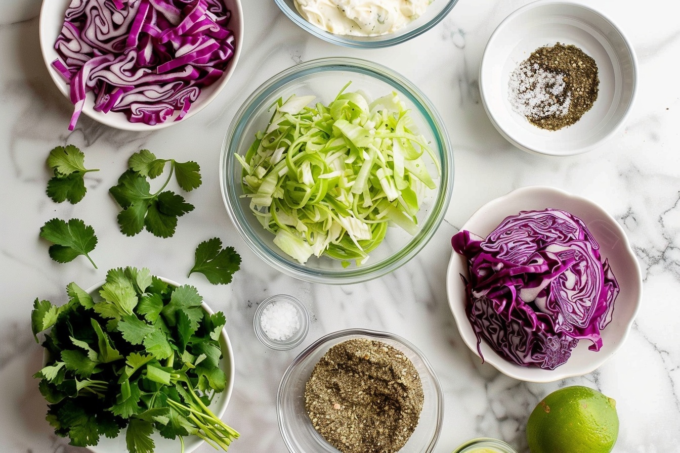 Single white bowl filled with a fresh serving of creamy coleslaw featuring shredded green and purple cabbage, generously mixed with finely chopped scallions and cilantro, coated in a smooth, lightly speckled dressing, close-up 3/4 angle revealing the vibrant textures and colors of the crunchy vegetables against a soft white marble background, natural soft directional daylight enhancing the freshness and details, styled elegantly as a ready-to-eat gourmet portion from a food blog REALISTIC STYLE IMAGE| TAGS: High-end food photography, clean composition, dramatic lighting, luxurious, elegant, mouth-watering, indulgent, gourmet | CAMERA: Nikon Z7 | FOCAL LENGTH: 50mm | SHOT TYPE: Close-up | COMPOSITION: 3/4 angle | LIGHTING: Soft directional light | PRODUCTION: Food Stylist | TIME: Daytime I LOCATION TYPE: Kitchen near windows --stylize 150  --ar 4:5