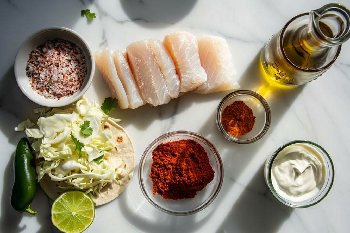 Single white plate with one grilled fish taco featuring a lightly charred soft corn tortilla folded around chunky, perfectly seared white fish pieces, topped with vibrant purple cabbage slaw and a generous dollop of creamy green cilantro sauce, garnished with fresh cilantro leaves and a lime wedge in the background, close-up 3/4 angle revealing the flaky texture of the fish and layers of toppings, set on a white marble surface with natural daylight streaming from the side, styled elegantly for a food blog presentation. REALISTIC STYLE IMAGE| TAGS: High-end food photography, clean composition, dramatic lighting, luxurious, elegant, mouth-watering, indulgent, gourmet | CAMERA: Nikon Z7 | FOCAL LENGTH: 50mm | SHOT TYPE: Close-up | COMPOSITION: 3/4 angle | LIGHTING: Soft directional light | PRODUCTION: Food Stylist | TIME: Daytime I LOCATION TYPE: Kitchen near windows --stylize 150  --ar 4:5