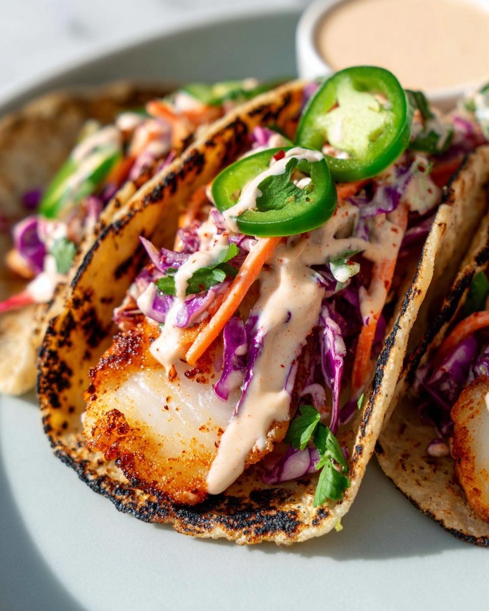 A large white oval serving platter fully loaded with an array of vibrant fish tacos, each taco featuring perfectly charred golden corn tortillas filled generously with flaky grilled fish, shredded purple cabbage, julienned carrots, fresh corn kernels, and sliced jalapeños, all topped with creamy, spiced sauce drizzled richly over the entire dish, garnished with sprigs of fresh cilantro and lime wedges artfully arranged on the side, captured in a stunning 3/4 angle shot on a white marble countertop with natural soft directional daylight pouring in from nearby windows, styled to look indulgent and mouth-watering, like a hero shot from a gourmet food magazine. REALISTIC STYLE IMAGE| TAGS: High-end food photography, clean composition, dramatic lighting, luxurious, elegant, mouth-watering, indulgent, gourmet | CAMERA: Nikon Z7 | FOCAL LENGTH: 50mm | SHOT TYPE: Close-up | COMPOSITION: 3/4 angle | LIGHTING: Soft directional light | PRODUCTION: Food Stylist | TIME: Daytime I LOCATION TYPE: Kitchen near windows --stylize 150 --ar 4:5