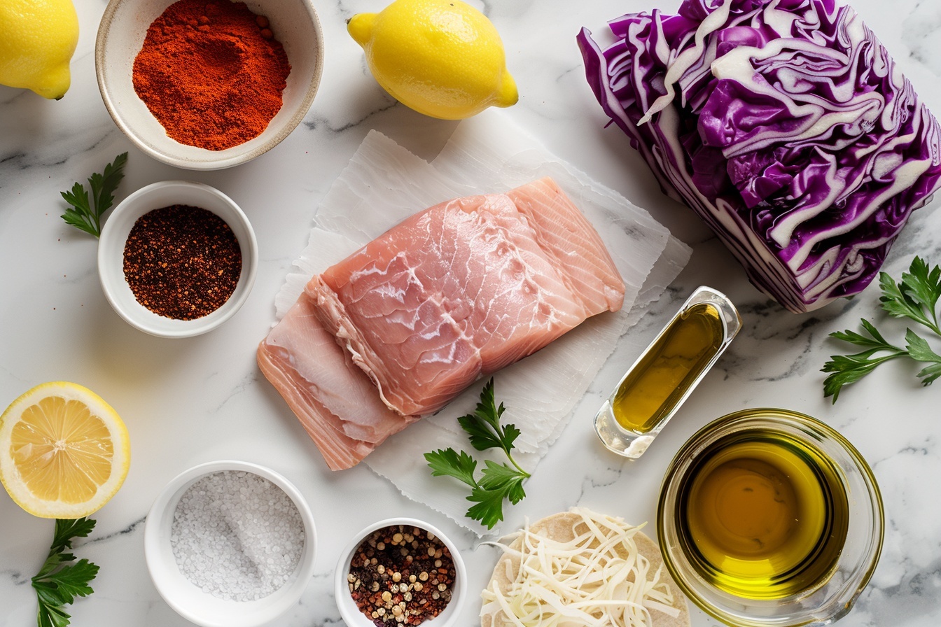 Single white plate with one serving of a fish taco featuring a charred corn tortilla folded around a golden, seasoned piece of flaky fish, topped with vibrant purple cabbage slaw, thin carrot strips, a fresh jalapeño slice, and drizzled with creamy, spiced sauce, close-up angled shot highlighting the textures of the crispy tortilla, tender fish interior, and crisp fresh vegetables, set on a white marble surface with natural daylight pouring in, styled like an elegant food blog presentation, intimate and mouth-watering gourmet plating. REALISTIC STYLE IMAGE| TAGS: High-end food photography, clean composition, dramatic lighting, luxurious, elegant, mouth-watering, indulgent, gourmet | CAMERA: Nikon Z7 | FOCAL LENGTH: 50mm | SHOT TYPE: Close-up | COMPOSITION: 3/4 angle | LIGHTING: Soft directional light | PRODUCTION: Food Stylist | TIME: Daytime I LOCATION TYPE: Kitchen near windows --stylize 150  --ar 4:5