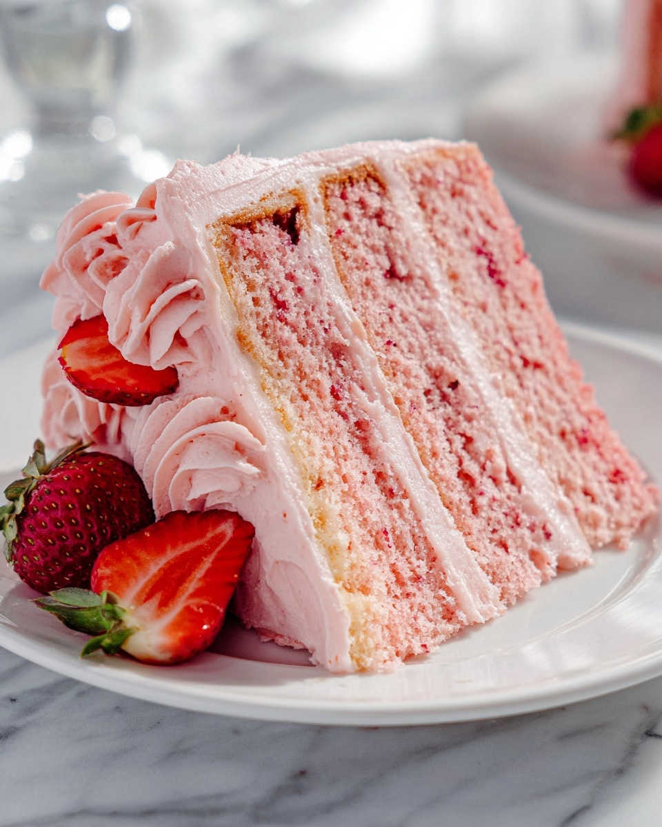 A whole, uncut strawberry cake elegantly frosted with smooth pink strawberry buttercream, decorated with piped rose swirls and rosettes around the edges, topped with whole fresh strawberries and scattered smaller diced strawberries, all displayed on a pristine white cake stand. The entire cake is centered in a professional food photographer's natural light setup on a white marble kitchen countertop, highlighting the intricate frosting texture and vibrant red fruit accents, styled to emphasize indulgence and gourmet appeal. REALISTIC STYLE IMAGE| TAGS: High-end food photography, clean composition, dramatic lighting, luxurious, elegant, mouth-watering, indulgent, gourmet | CAMERA: Nikon Z7 | FOCAL LENGTH: 50mm | SHOT TYPE: Close-up | COMPOSITION: 3/4 angle | LIGHTING: Soft directional light | PRODUCTION: Food Stylist | TIME: Daytime I LOCATION TYPE: Kitchen near windows --stylize 150 --ar 4:5