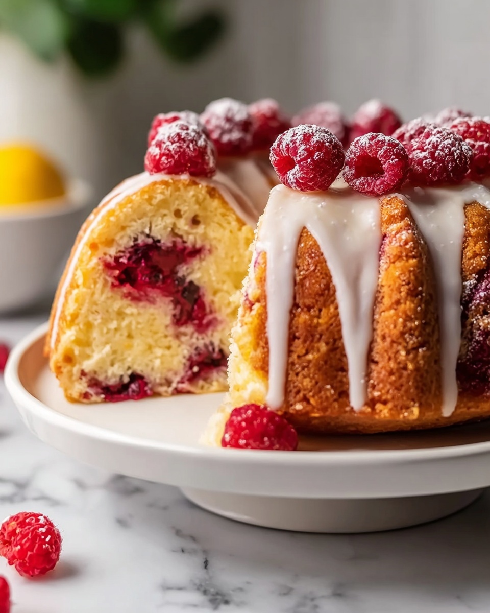Whole bundt cake on a white ceramic cake stand, featuring a perfectly golden-brown exterior studded generously with raspberries throughout the batter, topped with a smooth, glossy white glaze gently flowing down the ridges of the cake, finished with plump fresh raspberries evenly spaced on top for a vibrant pop of color, shot from a 3/4 angle showcasing the entire uncut cake, set on a white marble kitchen countertop with natural soft directional light highlighting its moist texture and enticing freshness, styled for a high-end gourmet food magazine spread. REALISTIC STYLE IMAGE| TAGS: High-end food photography, clean composition, dramatic lighting, luxurious, elegant, mouth-watering, indulgent, gourmet | CAMERA: Nikon Z7 | FOCAL LENGTH: 50mm | SHOT TYPE: Close-up | COMPOSITION: 3/4 angle | LIGHTING: Soft directional light | PRODUCTION: Food Stylist | TIME: Daytime I LOCATION TYPE: Kitchen near windows --stylize 150 --ar 4:5