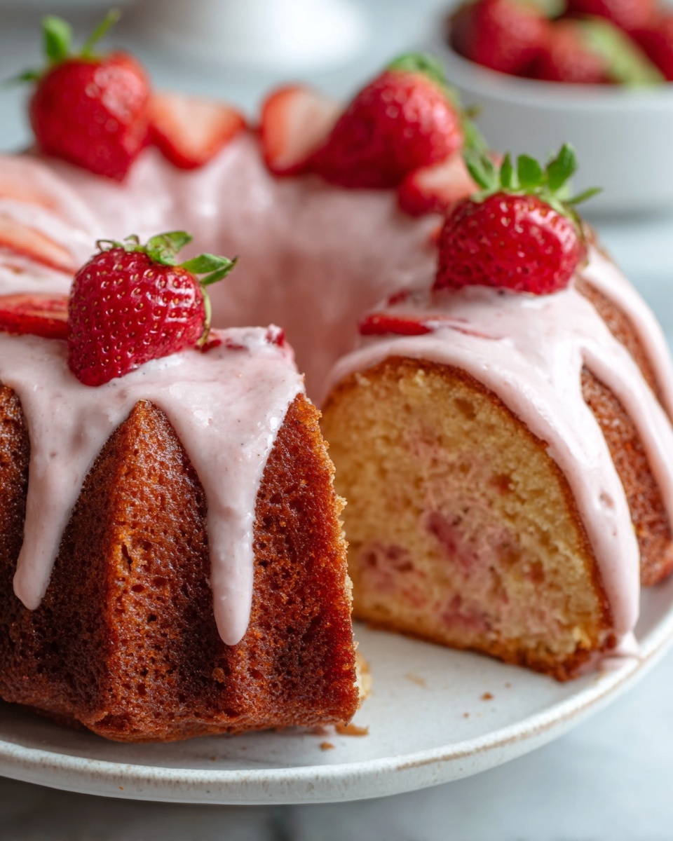 A whole Bundt cake on a simple white ceramic plate, fully intact with smooth pink strawberry glaze evenly draped over the ridges, topped evenly with fresh, plump strawberries arranged in a circular pattern around the crown, set on a white marble kitchen countertop with natural soft daylight streaming in from nearby windows, capturing an elegant and mouth-watering hero shot in 3/4 angle. REALISTIC STYLE IMAGE| TAGS: High-end food photography, clean composition, dramatic lighting, luxurious, elegant, mouth-watering, indulgent, gourmet | CAMERA: Nikon Z7 | FOCAL LENGTH: 50mm | SHOT TYPE: Close-up | COMPOSITION: 3/4 angle | LIGHTING: Soft directional light | PRODUCTION: Food Stylist | TIME: Daytime I LOCATION TYPE: Kitchen near windows --stylize 150 --ar 4:5