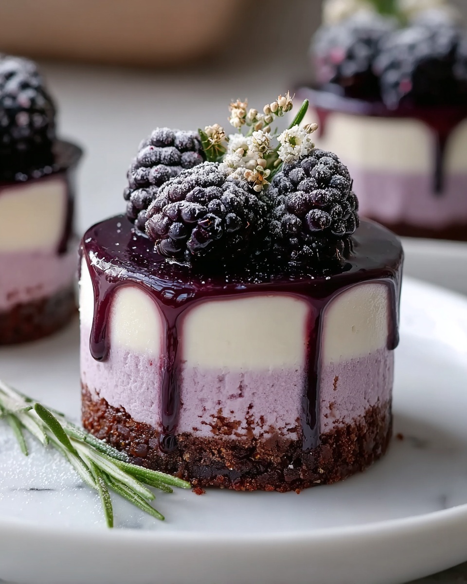 A pristine white oval ceramic serving tray brimming with a dozen luscious, perfectly round mini berry mousse cakes, each delicately layered with a crumbly chocolate base, a vibrant purple berry mousse middle, and a smooth white mousse top glazed with a glossy deep plum purée that elegantly drips down the sides, crowned with fresh, plump blackberries and tiny white edible flowers for an exquisite finishing touch, meticulously styled and photographed at a 3/4 angle on a white marble kitchen countertop bathed in soft natural daylight, evoking a luxurious and indulgent gourmet dessert experience. REALISTIC STYLE IMAGE | TAGS: High-end food photography, clean composition, dramatic lighting, luxurious, elegant, mouth-watering, indulgent, gourmet | CAMERA: Nikon Z7 | FOCAL LENGTH: 50mm | SHOT TYPE: Close-up | COMPOSITION: 3/4 angle | LIGHTING: Soft directional light | PRODUCTION: Food Stylist | TIME: Daytime | LOCATION TYPE: Kitchen near windows --stylize 150 --ar 4:5