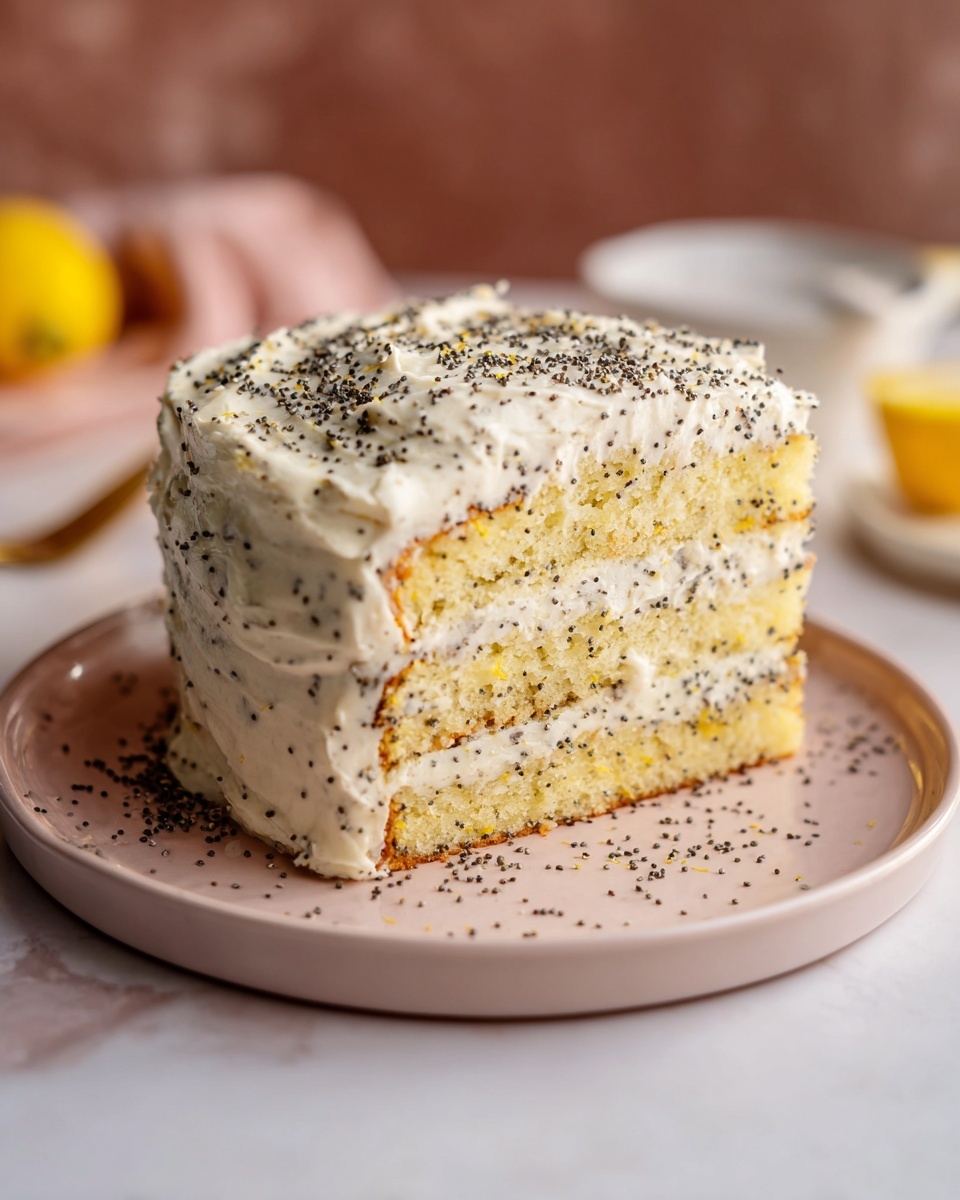 Whole lemon poppy seed cake fully frosted with creamy white icing and sprinkled with poppy seeds on top, presented on a large white ceramic plate against a white marble kitchen counter background, natural soft directional daylight highlighting the textured swirls of the frosting, styled for a luxurious and indulgent food magazine hero shot, photographed from a 3/4 angle with elegant composition. REALISTIC STYLE IMAGE| TAGS: High-end food photography, clean composition, dramatic lighting, luxurious, elegant, mouth-watering, indulgent, gourmet | CAMERA: Nikon Z7 | FOCAL LENGTH: 50mm | SHOT TYPE: Close-up | COMPOSITION: 3/4 angle | LIGHTING: Soft directional light | PRODUCTION: Food Stylist | TIME: Daytime I LOCATION TYPE: Kitchen near windows --stylize 150 --ar 4:5