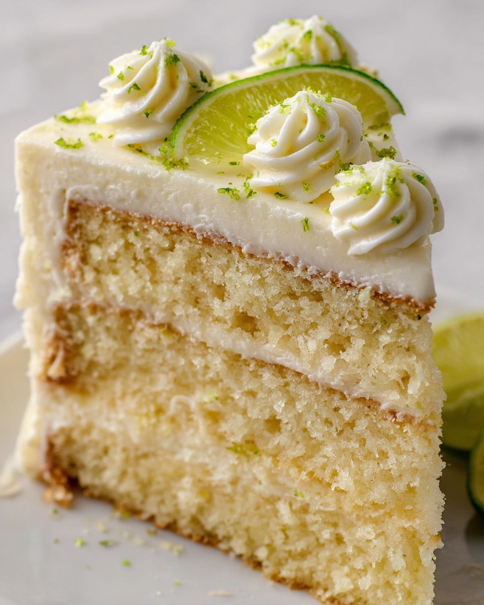 Whole key lime cake presented on a large white ceramic cake stand, fully frosted with smooth, creamy white icing decorated with evenly spaced elegant rosettes topped with fresh thin lime slices and delicate lime zest sprinkled across the surface, the cake appears moist and dense with a hint of citrus freshness, photographed from a 3/4 angle to showcase the entire uncut cake, set on a pristine white marble kitchen countertop with natural soft directional daylight emphasizing the textures and colors, styled as a luxurious and indulgent dessert perfect for a gourmet food magazine hero shot. REALISTIC STYLE IMAGE| TAGS: High-end food photography, clean composition, dramatic lighting, luxurious, elegant, mouth-watering, indulgent, gourmet | CAMERA: Nikon Z7 | FOCAL LENGTH: 50mm | SHOT TYPE: Close-up | COMPOSITION: 3/4 angle | LIGHTING: Soft directional light | PRODUCTION: Food Stylist | TIME: Daytime I LOCATION TYPE: Kitchen near windows --stylize 150 --ar 4:5