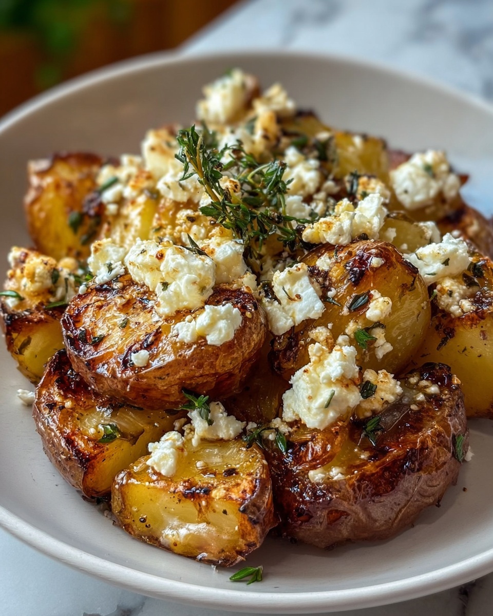 Large white ceramic baking dish filled with golden roasted baby potatoes, whole and halved, topped generously with crumbled feta cheese and sprigs of fresh thyme, each potato piece glistening with olive oil and a light crust of baked herbs and seasoning, presented in a full, inviting portion ready to serve, photographed from a 3/4 angle on a white marble kitchen countertop bathed in natural daylight, styled meticulously to enhance textures and colors, evoking a gourmet, indulgent feel. REALISTIC STYLE IMAGE| TAGS: High-end food photography, clean composition, dramatic lighting, luxurious, elegant, mouth-watering, indulgent, gourmet | CAMERA: Nikon Z7 | FOCAL LENGTH: 50mm | SHOT TYPE: Close-up | COMPOSITION: 3/4 angle | LIGHTING: Soft directional light | PRODUCTION: Food Stylist | TIME: Daytime I LOCATION TYPE: Kitchen near windows --stylize 150 --ar 4:5