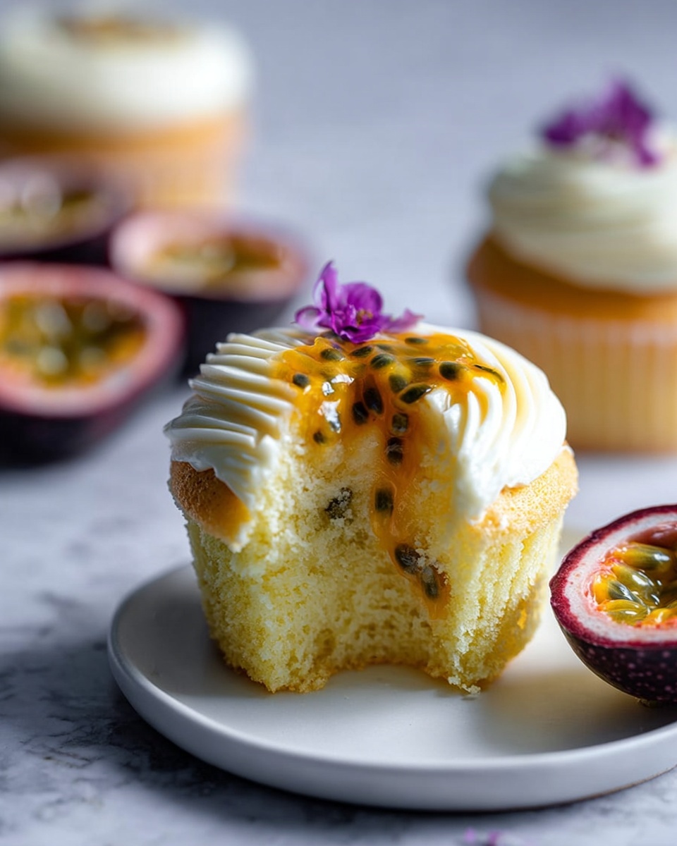 Passionfruit Cupcakes with Passionfruit Buttercream and Filling Recipe 6 A pristine white oval ceramic serving tray elegantly holding a generous assortment of passion fruit cupcakes, each perfectly topped with smooth, creamy white frosting and a vibrant, fresh passion fruit half nestled in the center. Surrounding the cupcakes are glossy halved passion fruits with their seeds and pulp vividly displayed, adding a natural, tropical appeal. The entire tray is styled with delicate purple flower accents, all showcased on a white marble kitchen countertop under soft natural light that highlights the rich textures and vivid colors. This full presentation captures the indulgent and gourmet essence of the cupcakes as a sophisticated, mouth-watering ensemble. REALISTIC STYLE IMAGE| TAGS: High-end food photography, clean composition, dramatic lighting, luxurious, elegant, mouth-watering, indulgent, gourmet | CAMERA: Nikon Z7 | FOCAL LENGTH: 50mm | SHOT TYPE: Close-up | COMPOSITION: 3/4 angle | LIGHTING: Soft directional light | PRODUCTION: Food Stylist | TIME: Daytime I LOCATION TYPE: Kitchen near windows --stylize 150 --ar 4:5
